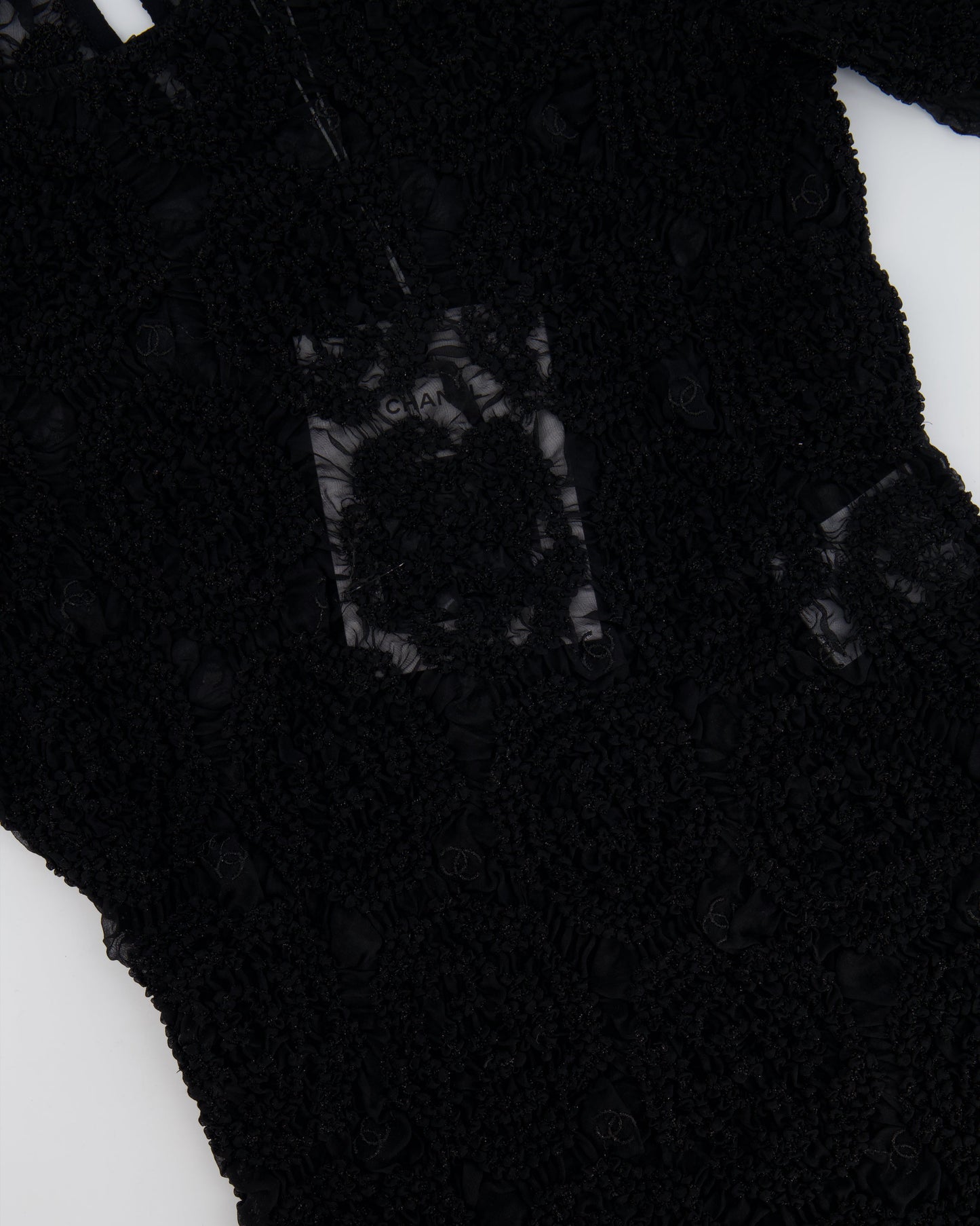 Chanel Black Lace Tulle Top and Cyclist Shorts Set with Camelia Details and Crystal CC Logos Size FR 34 (UK 6)