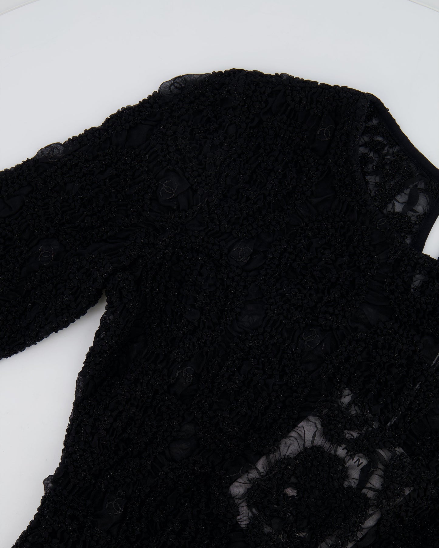 Chanel Black Lace Tulle Top and Cyclist Shorts Set with Camelia Details and Crystal CC Logos Size FR 34 (UK 6)