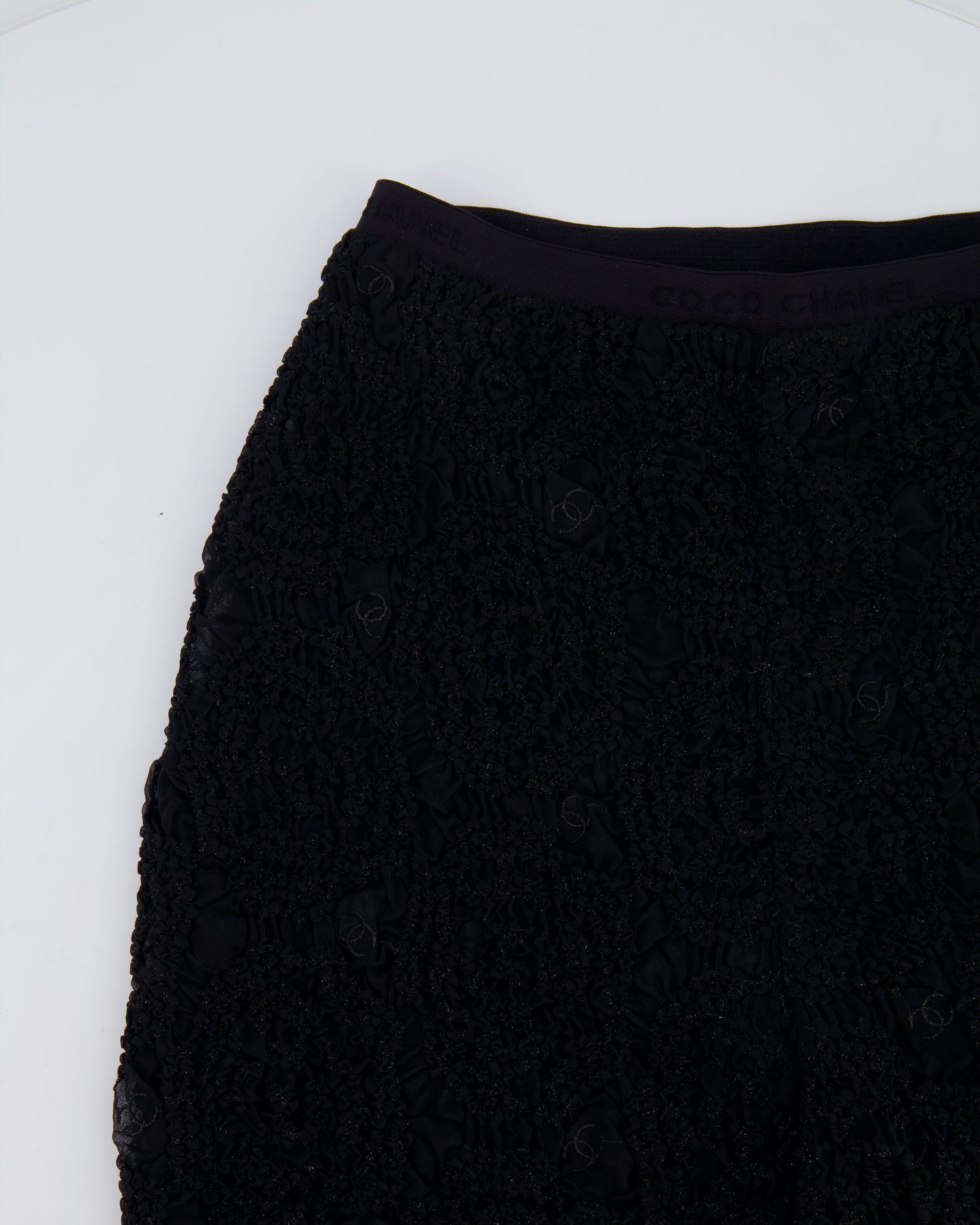 Chanel Black Lace Tulle Top and Cyclist Shorts Set with Camelia Details and Crystal CC Logos Size FR 34 (UK 6)