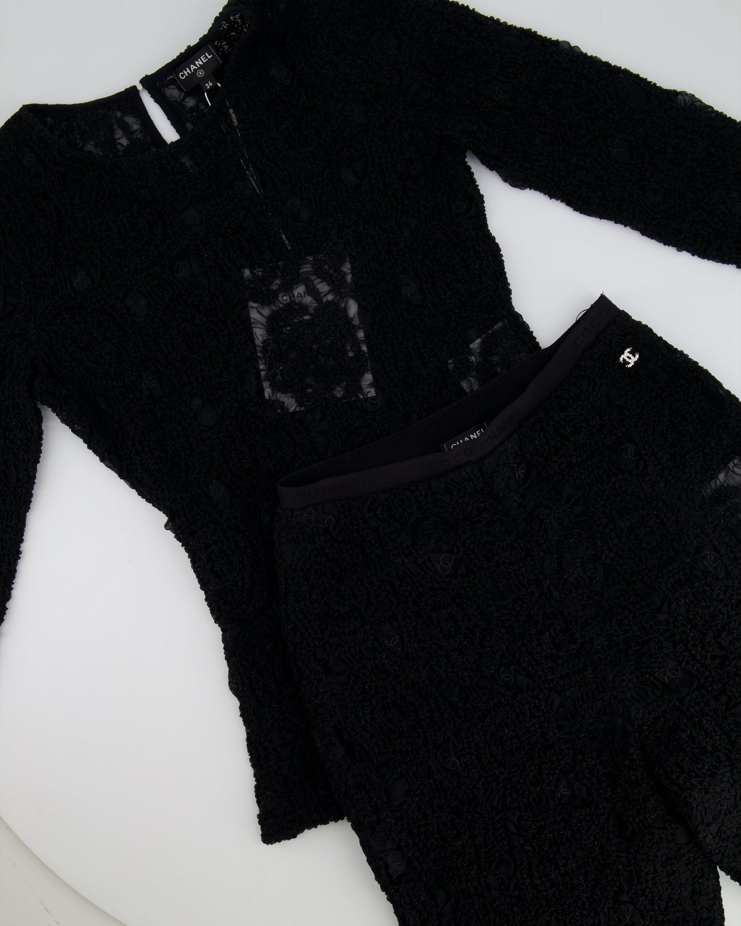 Chanel Black Lace Tulle Top and Cyclist Shorts Set with Camelia Details and Crystal CC Logos Size FR 34 (UK 6)