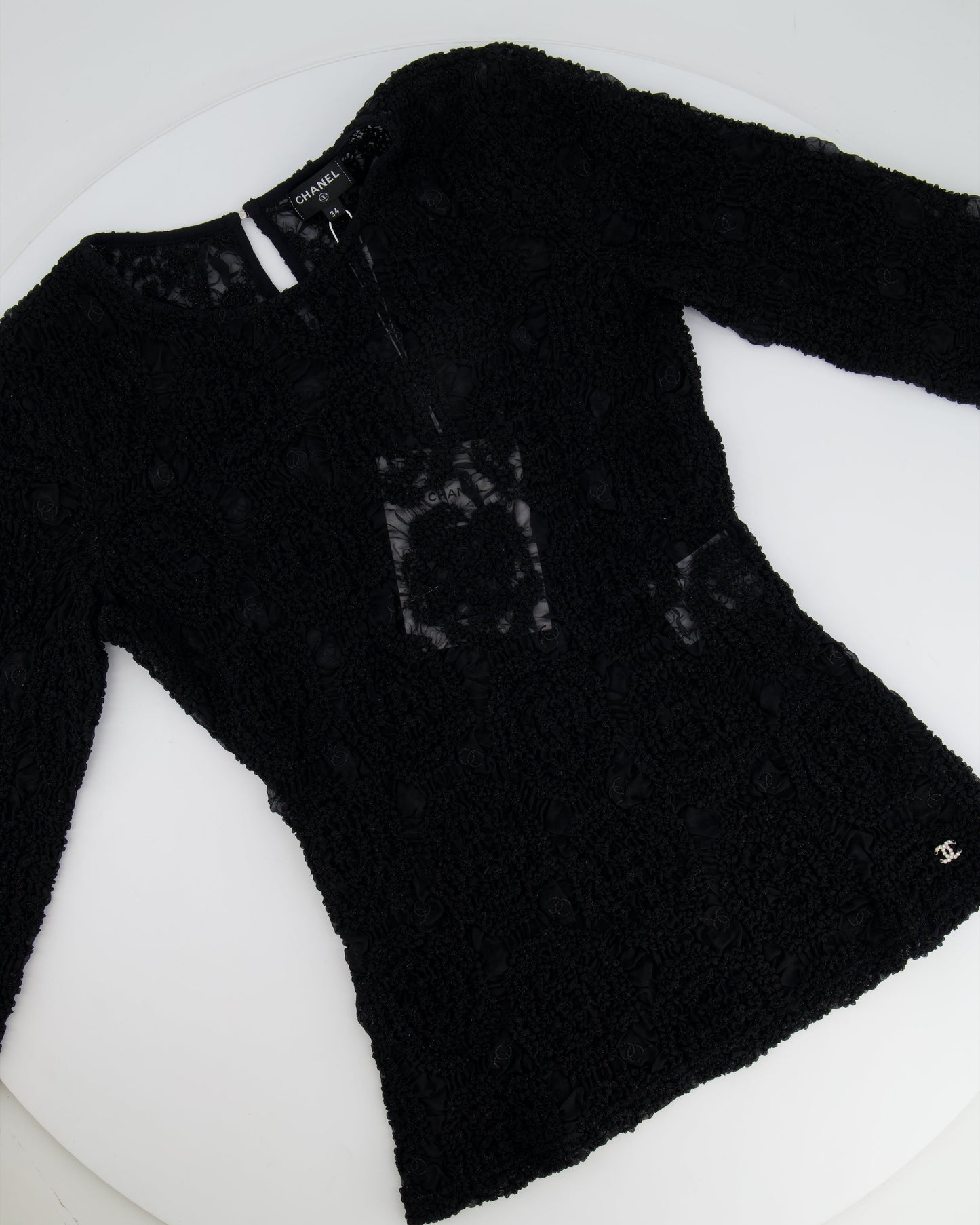 Chanel Black Lace Tulle Top and Cyclist Shorts Set with Camelia Details and Crystal CC Logos Size FR 34 (UK 6)