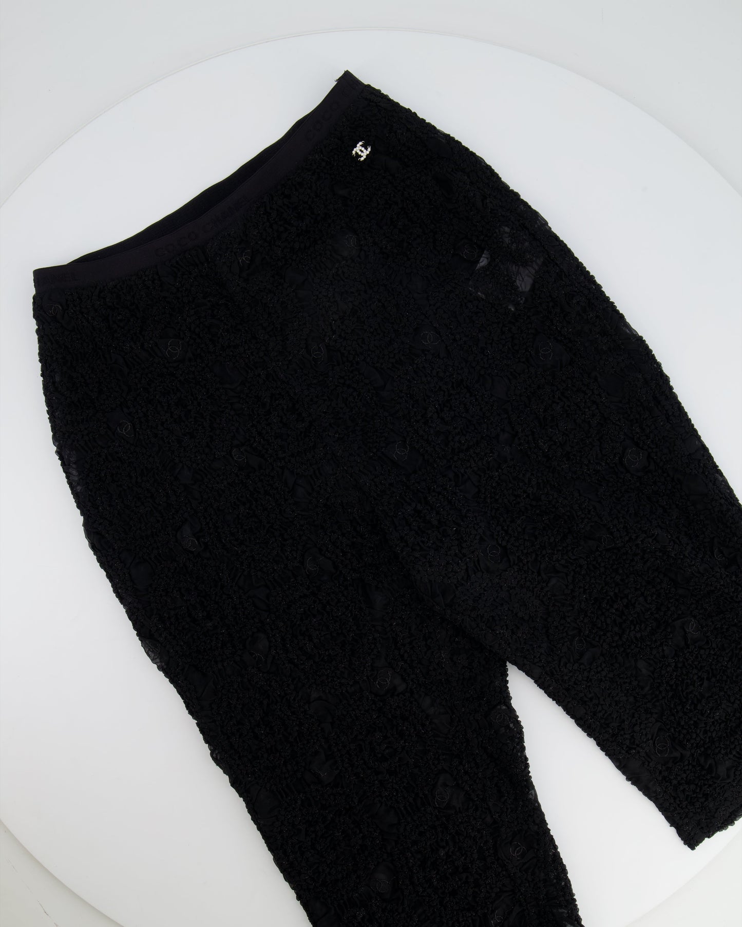 Chanel Black Lace Tulle Top and Cyclist Shorts Set with Camelia Details and Crystal CC Logos Size FR 34 (UK 6)