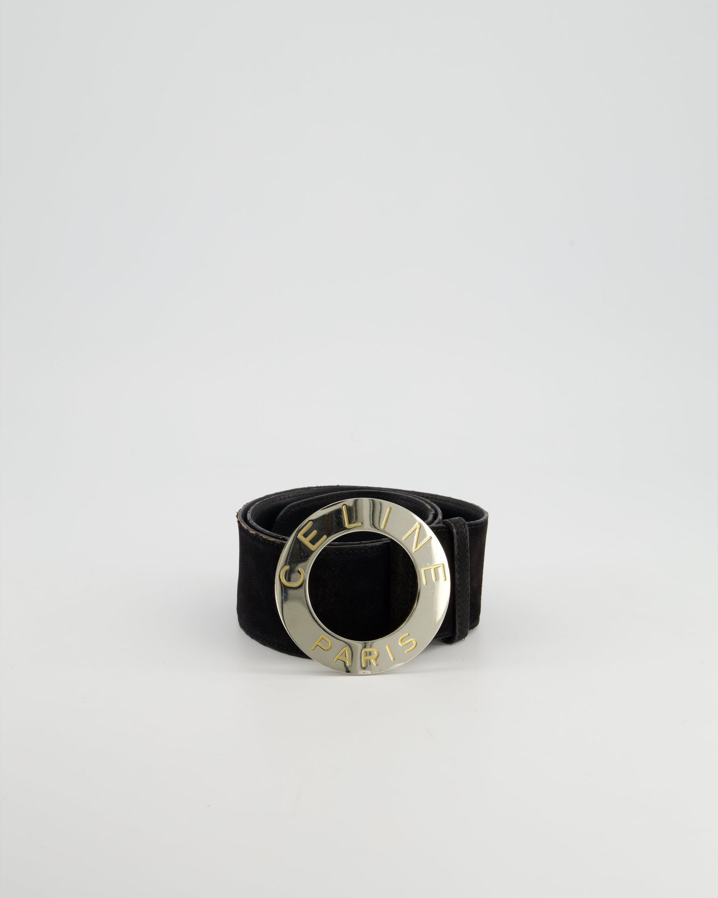 Celine   Black Suede Wide Belt With Large Silver Logo Buckle Size 70cm
