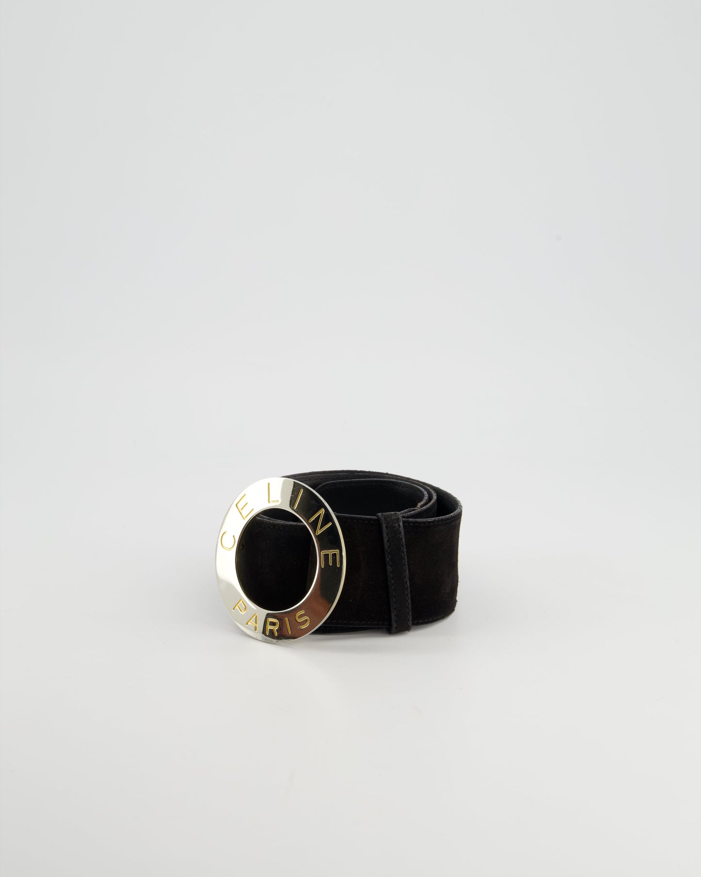 Celine   Black Suede Wide Belt With Large Silver Logo Buckle Size 70cm