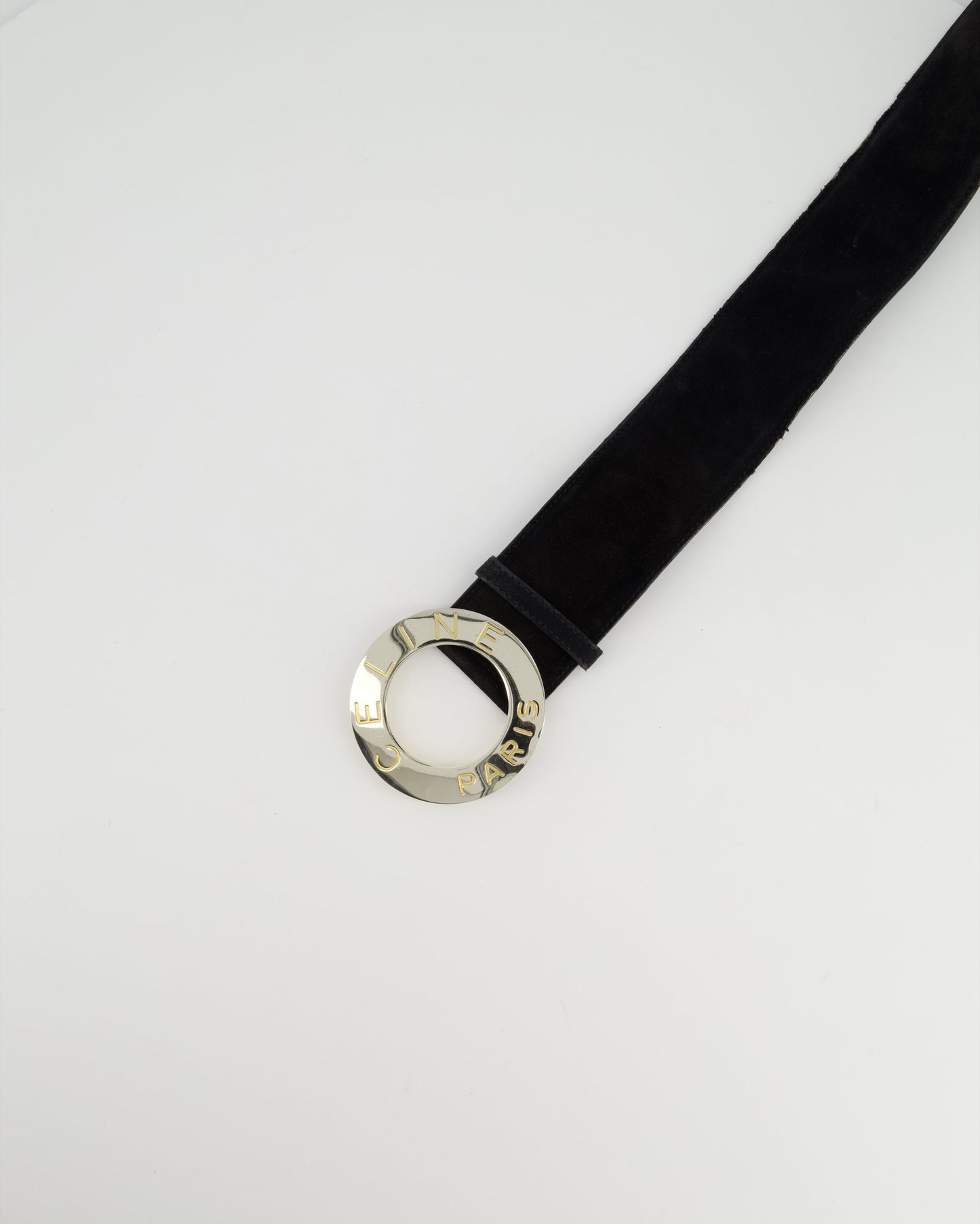 Celine   Black Suede Wide Belt With Large Silver Logo Buckle Size 70cm