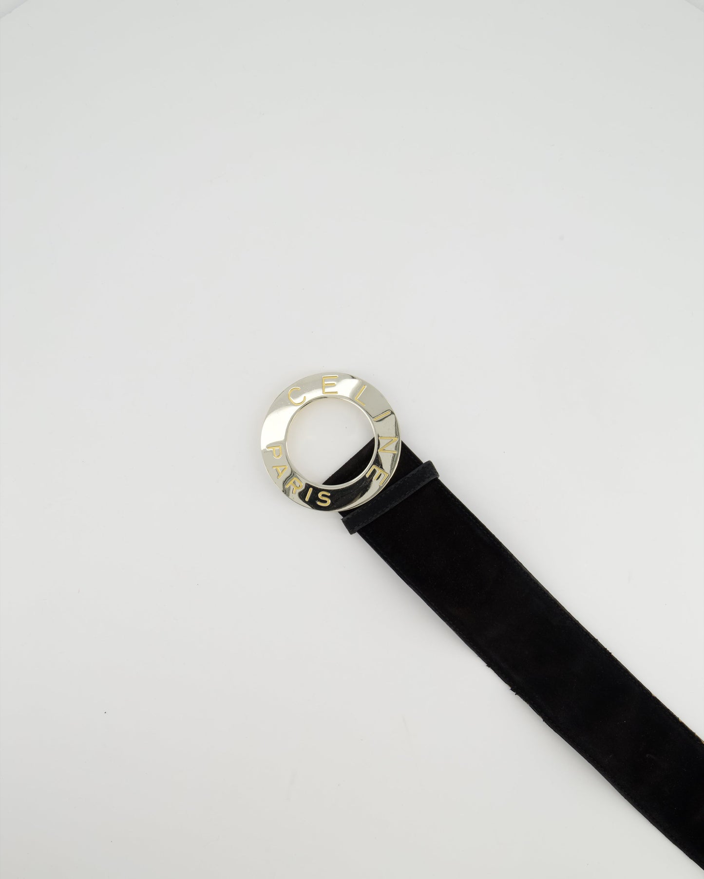 Celine   Black Suede Wide Belt With Large Silver Logo Buckle Size 70cm