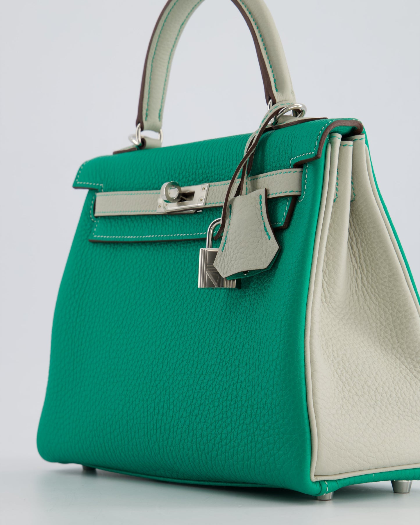 *SUPER RARE* Herm�s HSS Kelly 25 Retourne Bag in Vert Vertigo & Gris Perle Togo Leather with Palladium Hardware & Contrast Stitching