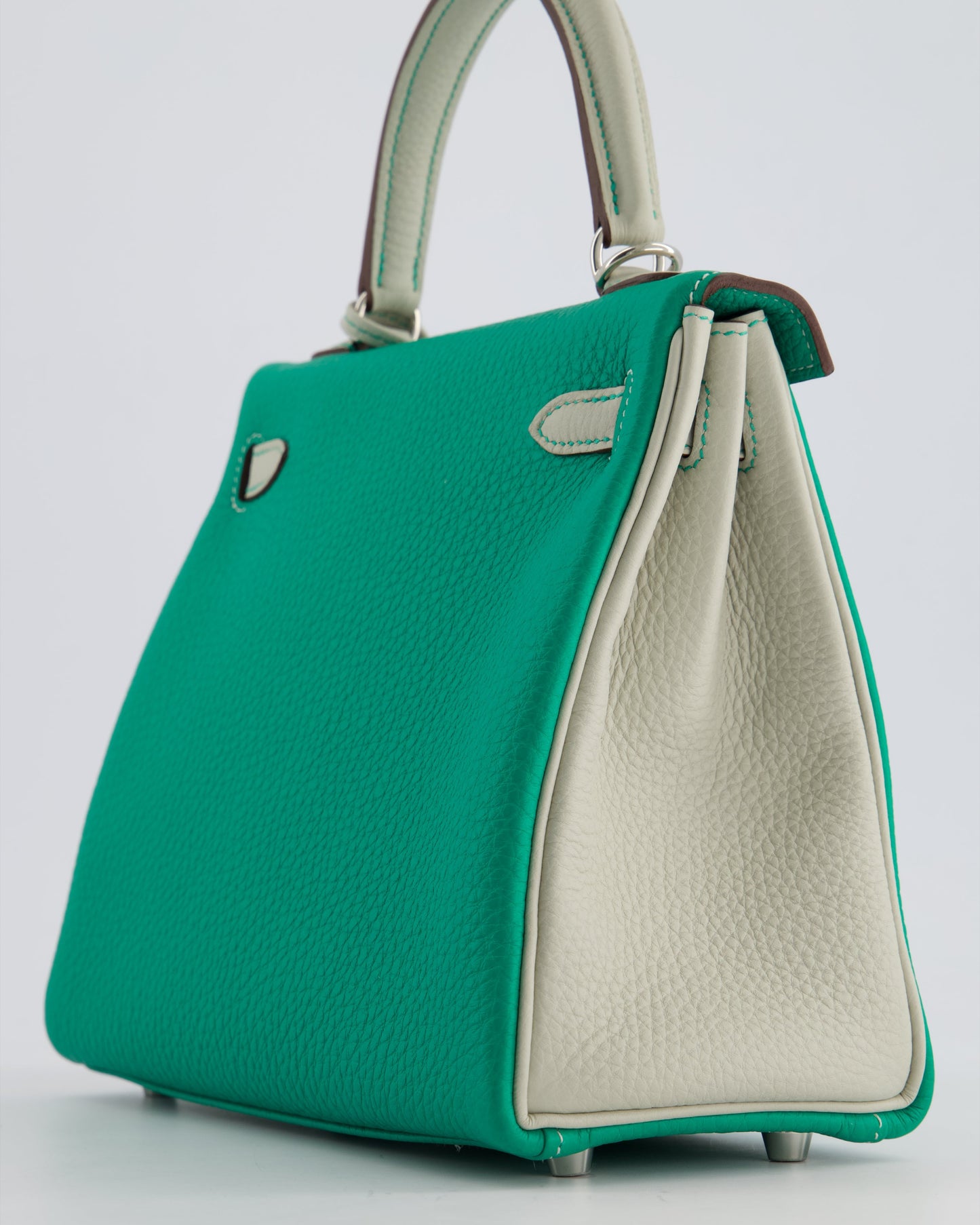 *SUPER RARE* Herm�s HSS Kelly 25 Retourne Bag in Vert Vertigo & Gris Perle Togo Leather with Palladium Hardware & Contrast Stitching