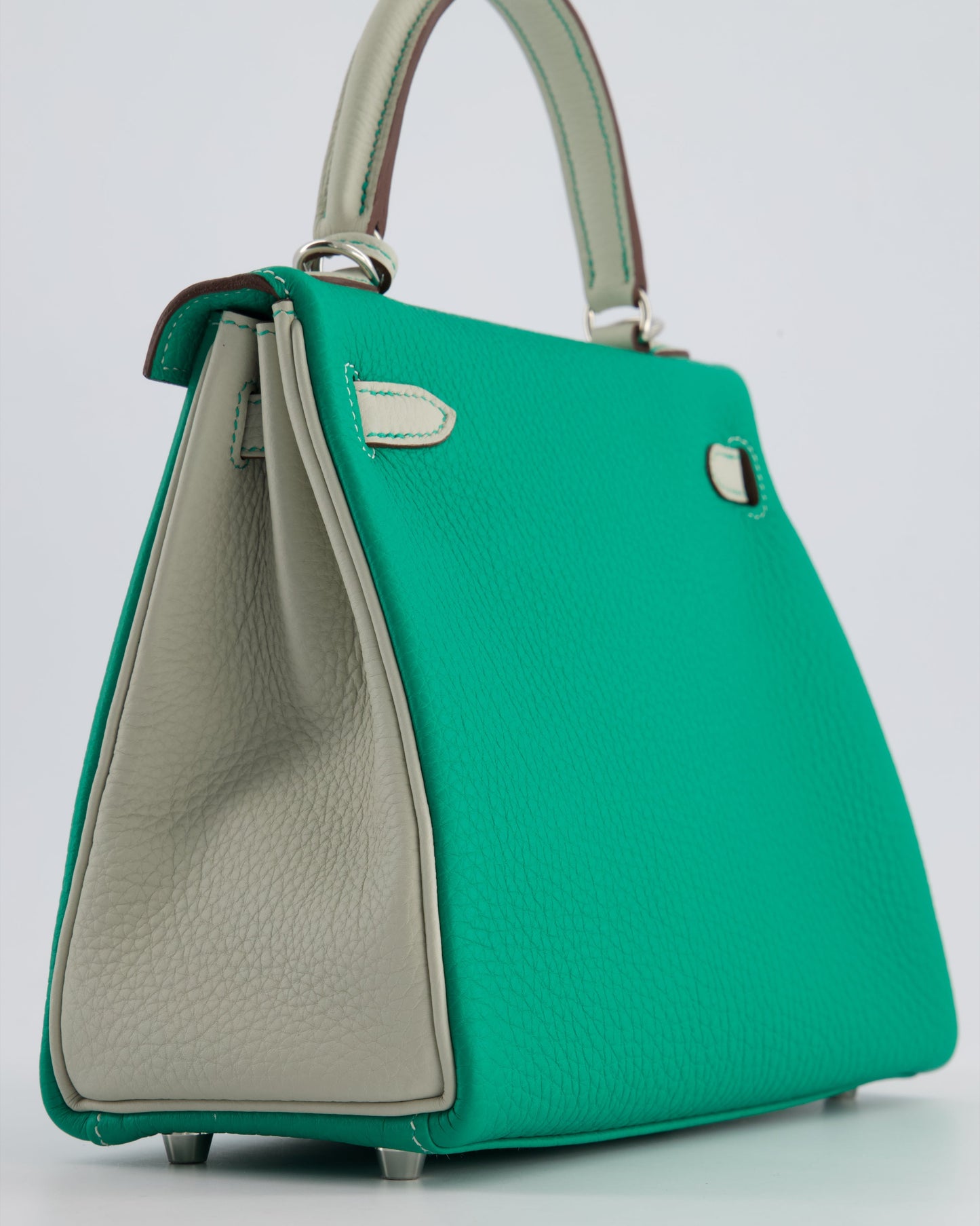 *SUPER RARE* Herm�s HSS Kelly 25 Retourne Bag in Vert Vertigo & Gris Perle Togo Leather with Palladium Hardware & Contrast Stitching