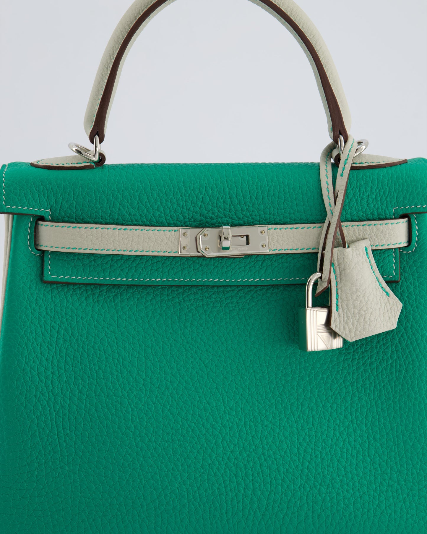 *SUPER RARE* Herm�s HSS Kelly 25 Retourne Bag in Vert Vertigo & Gris Perle Togo Leather with Palladium Hardware & Contrast Stitching