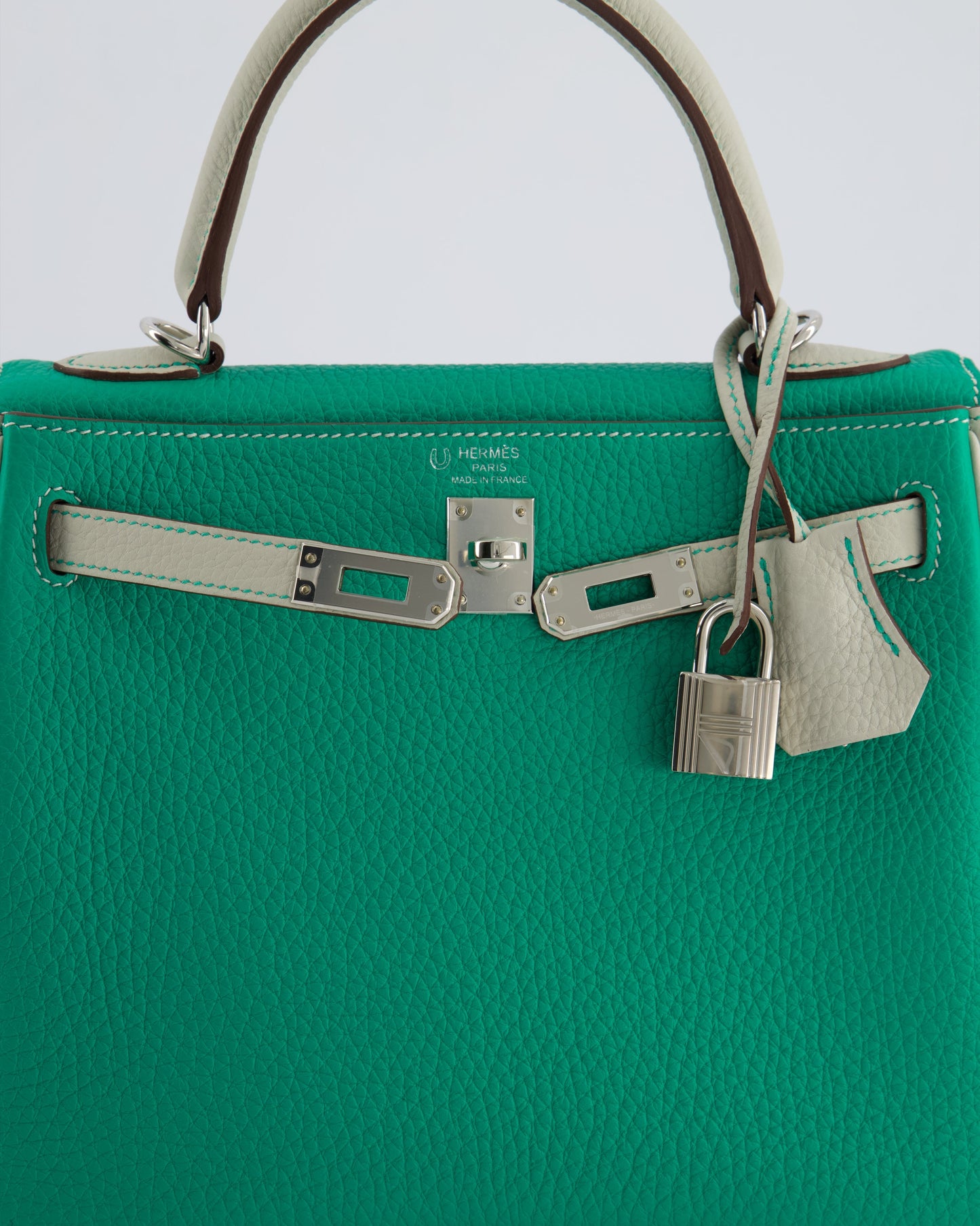 *SUPER RARE* Herm�s HSS Kelly 25 Retourne Bag in Vert Vertigo & Gris Perle Togo Leather with Palladium Hardware & Contrast Stitching