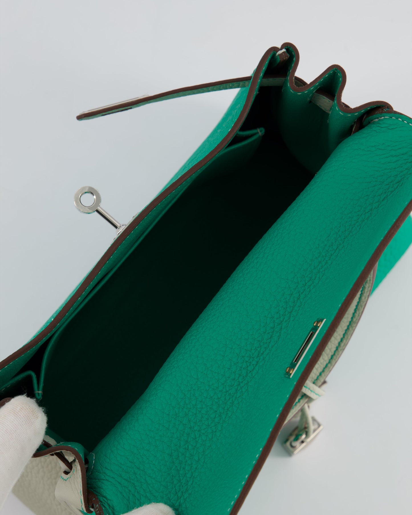 *SUPER RARE* Herm�s HSS Kelly 25 Retourne Bag in Vert Vertigo & Gris Perle Togo Leather with Palladium Hardware & Contrast Stitching