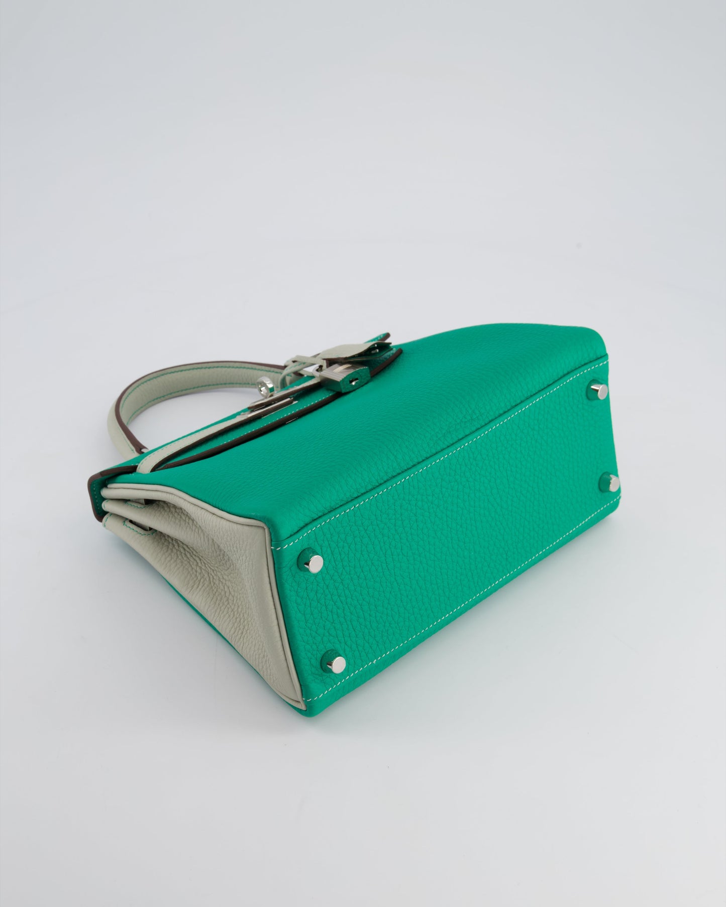 *SUPER RARE* Herm�s HSS Kelly 25 Retourne Bag in Vert Vertigo & Gris Perle Togo Leather with Palladium Hardware & Contrast Stitching