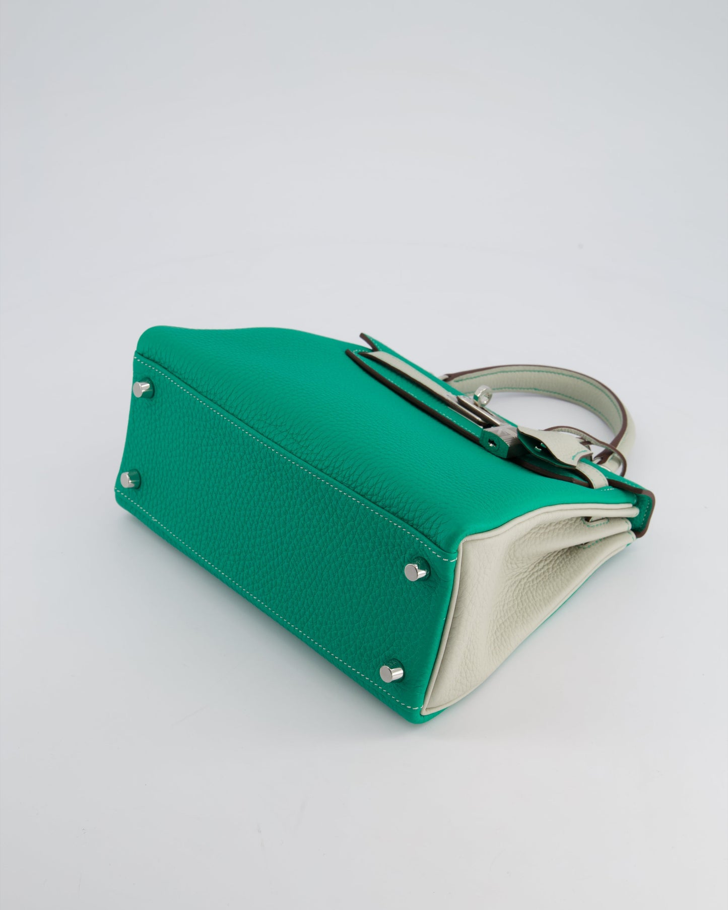 *SUPER RARE* Herm�s HSS Kelly 25 Retourne Bag in Vert Vertigo & Gris Perle Togo Leather with Palladium Hardware & Contrast Stitching