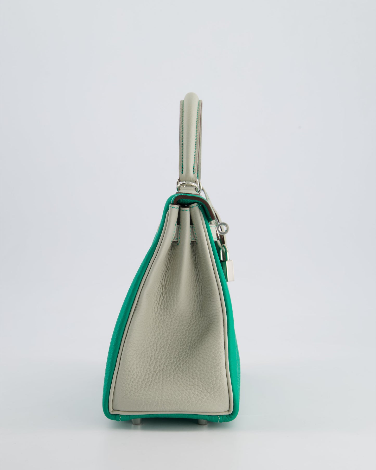 *SUPER RARE* Herm�s HSS Kelly 25 Retourne Bag in Vert Vertigo & Gris Perle Togo Leather with Palladium Hardware & Contrast Stitching