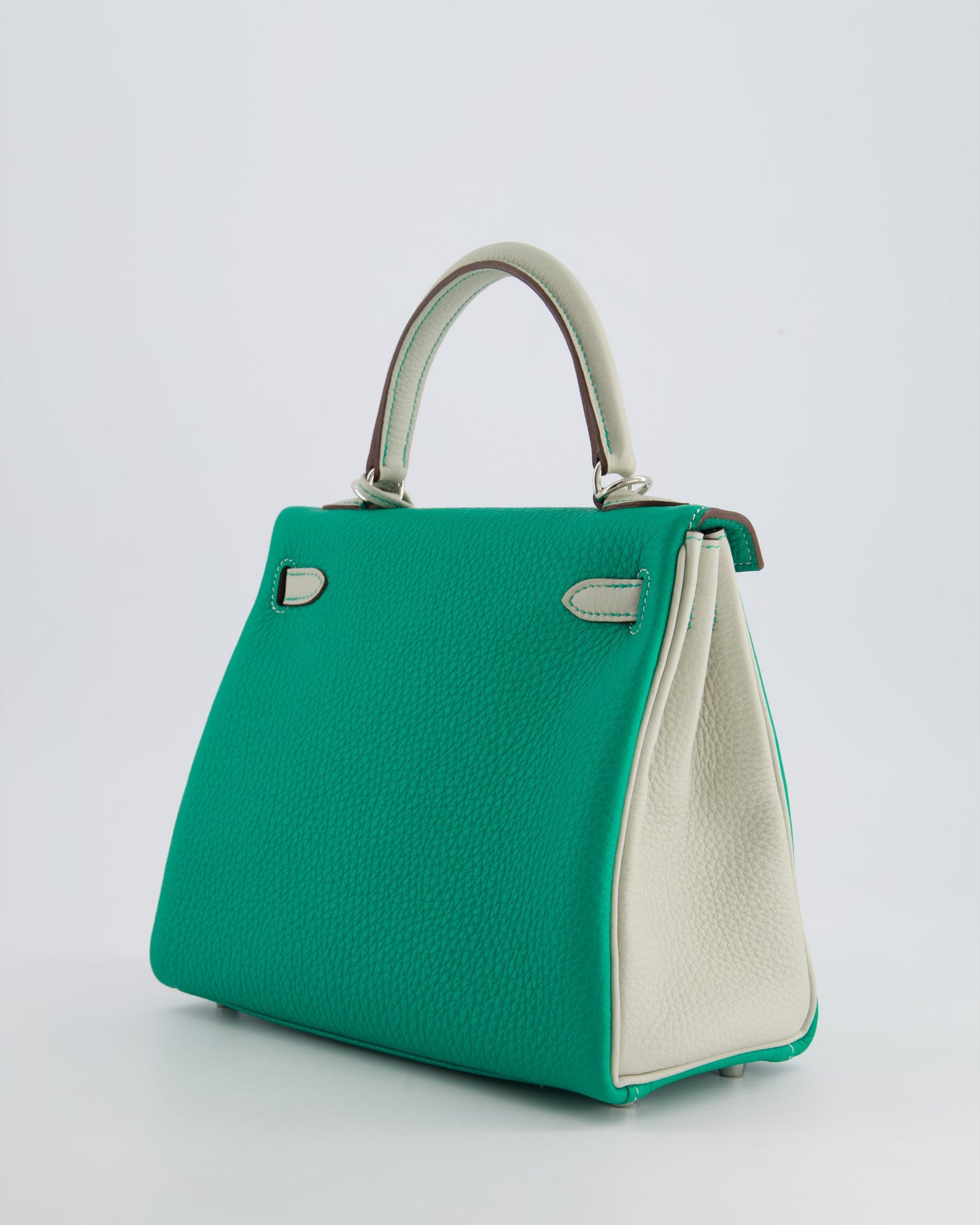 *SUPER RARE* Herm�s HSS Kelly 25 Retourne Bag in Vert Vertigo & Gris Perle Togo Leather with Palladium Hardware & Contrast Stitching