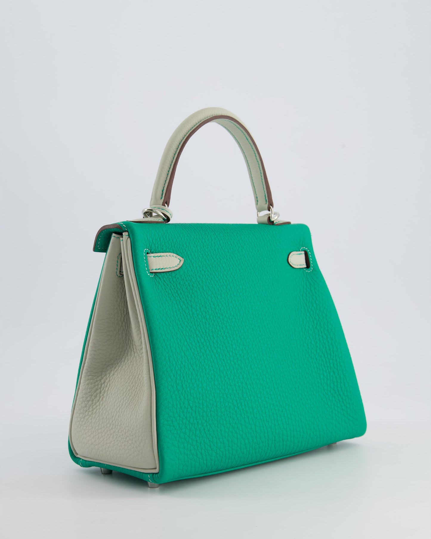 *SUPER RARE* Herm�s HSS Kelly 25 Retourne Bag in Vert Vertigo & Gris Perle Togo Leather with Palladium Hardware & Contrast Stitching