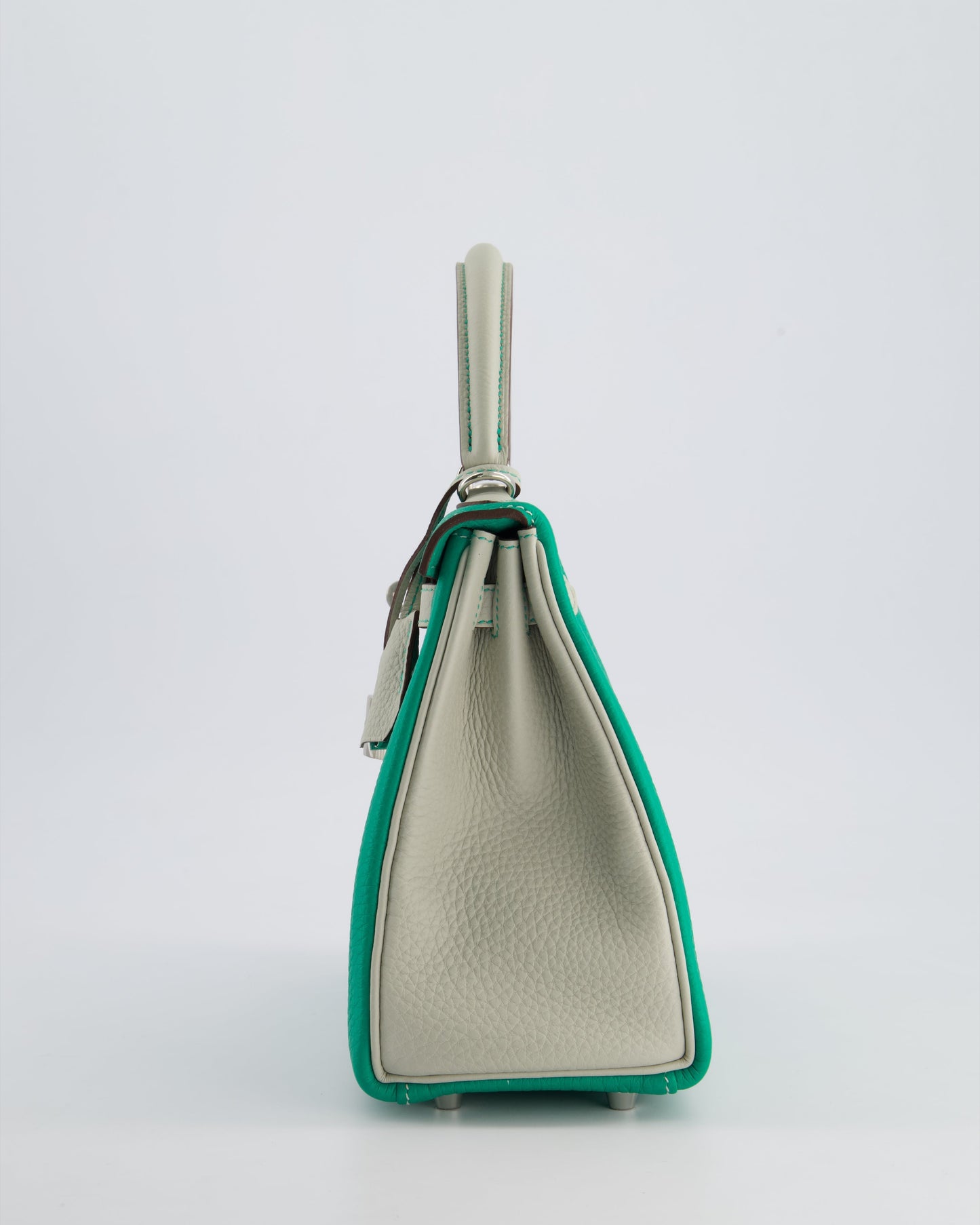*SUPER RARE* Herm�s HSS Kelly 25 Retourne Bag in Vert Vertigo & Gris Perle Togo Leather with Palladium Hardware & Contrast Stitching