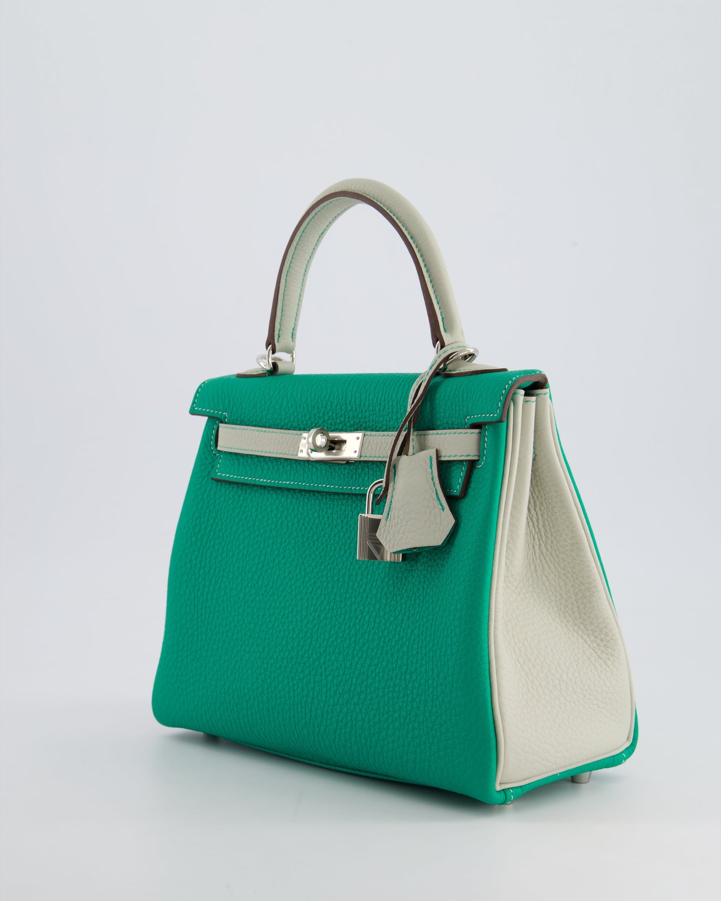 *SUPER RARE* Herm�s HSS Kelly 25 Retourne Bag in Vert Vertigo & Gris Perle Togo Leather with Palladium Hardware & Contrast Stitching