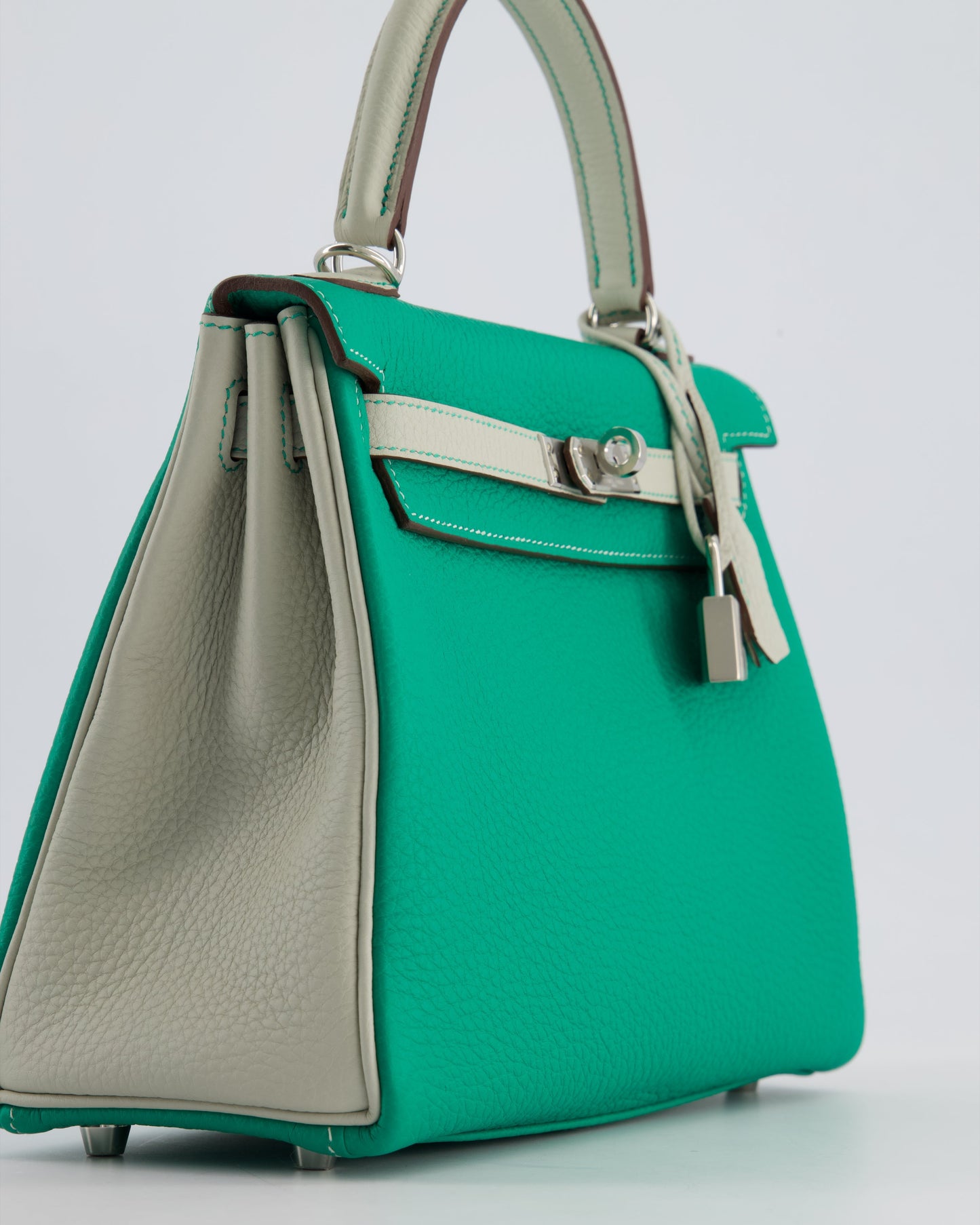 *SUPER RARE* Herm�s HSS Kelly 25 Retourne Bag in Vert Vertigo & Gris Perle Togo Leather with Palladium Hardware & Contrast Stitching
