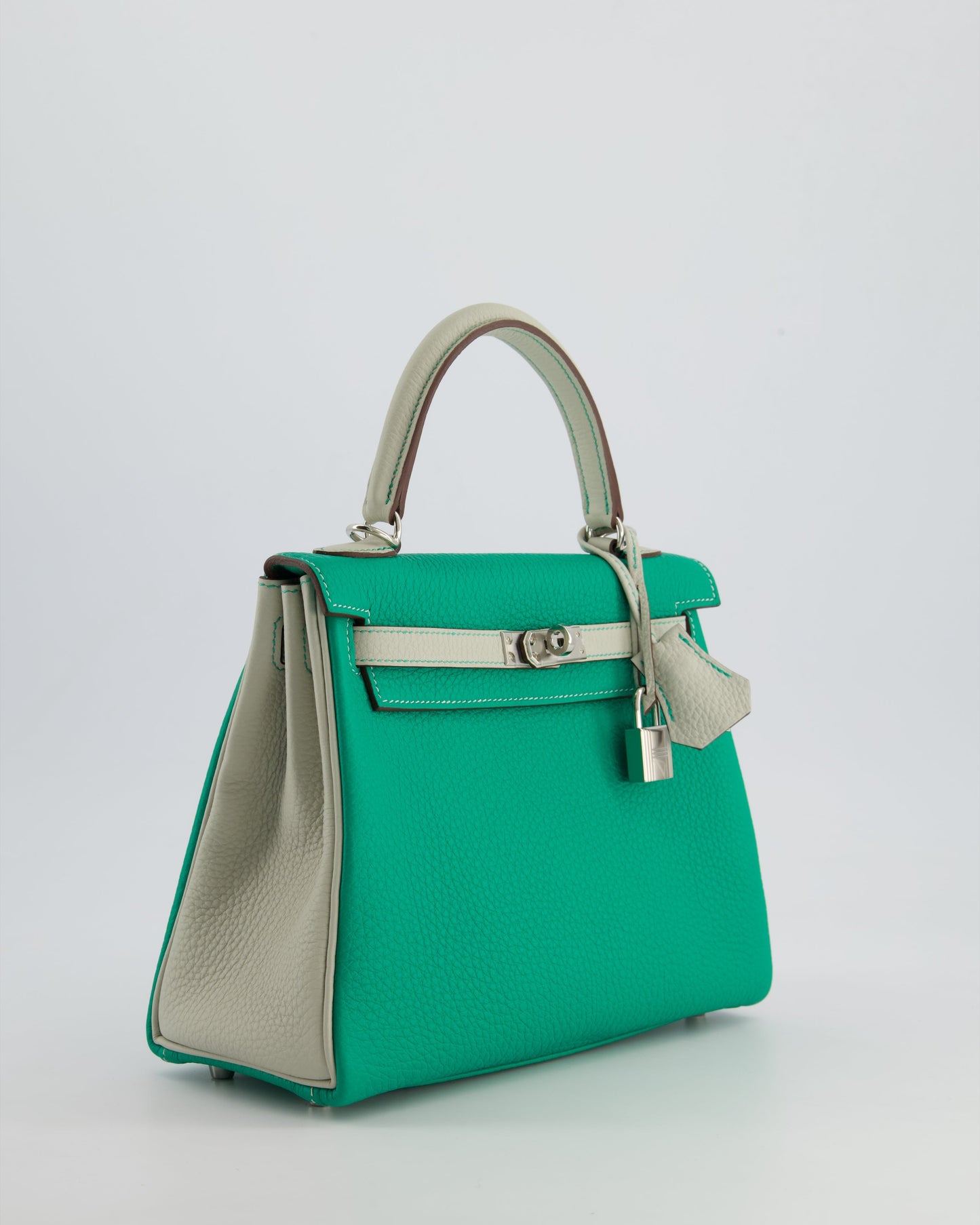 *SUPER RARE* Herm�s HSS Kelly 25 Retourne Bag in Vert Vertigo & Gris Perle Togo Leather with Palladium Hardware & Contrast Stitching