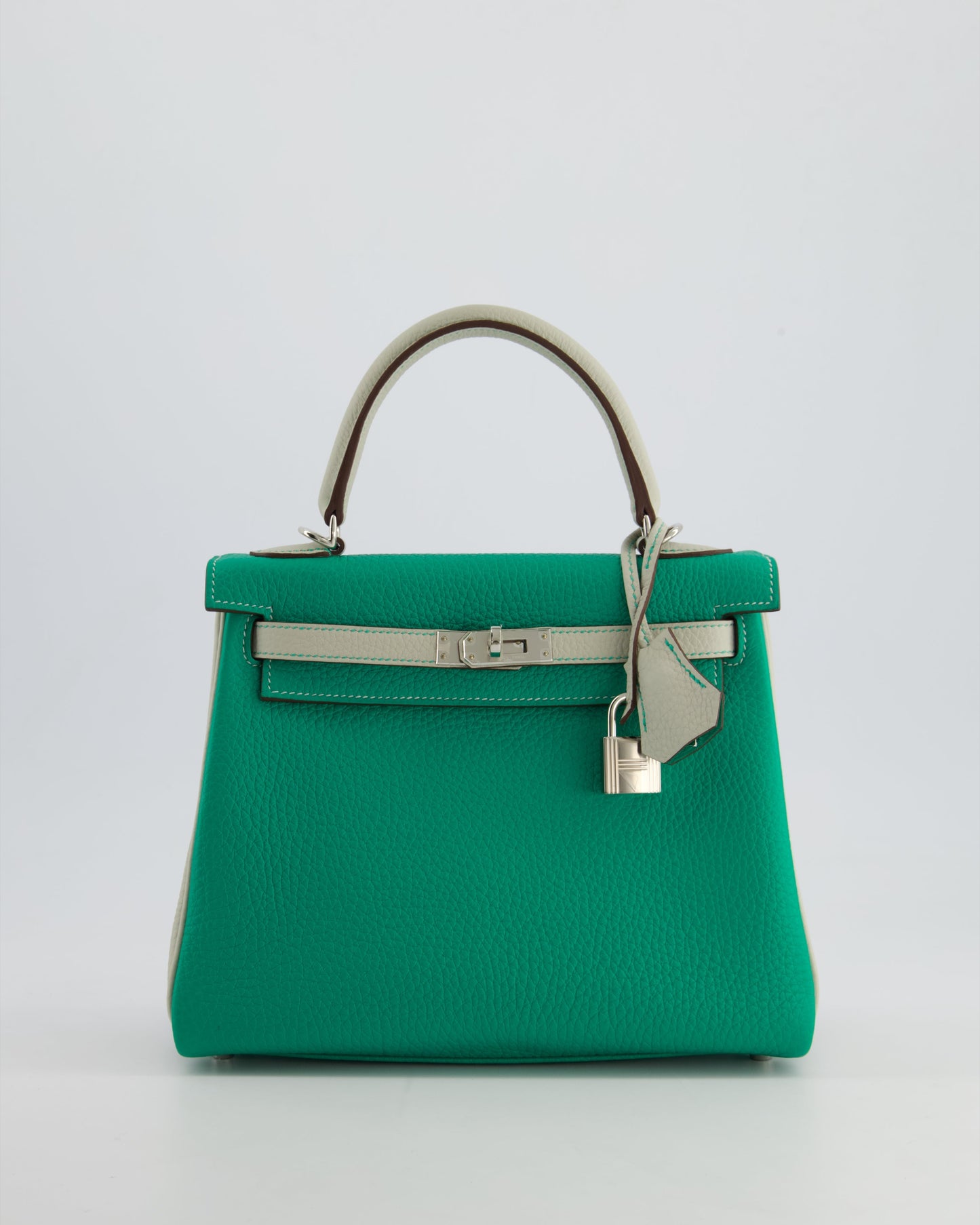 *SUPER RARE* Herm�s HSS Kelly 25 Retourne Bag in Vert Vertigo & Gris Perle Togo Leather with Palladium Hardware & Contrast Stitching