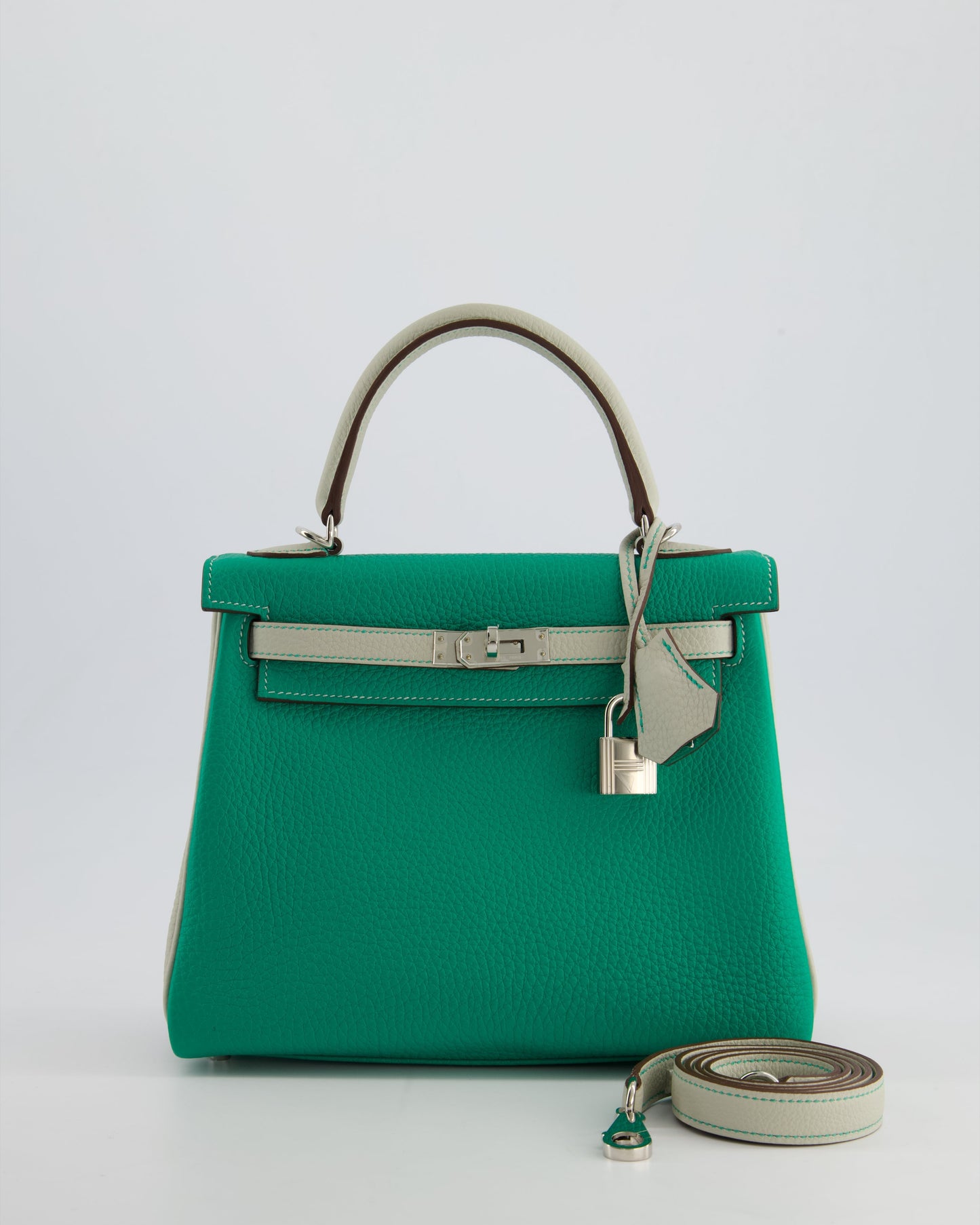 *SUPER RARE* Herm�s HSS Kelly 25 Retourne Bag in Vert Vertigo & Gris Perle Togo Leather with Palladium Hardware & Contrast Stitching