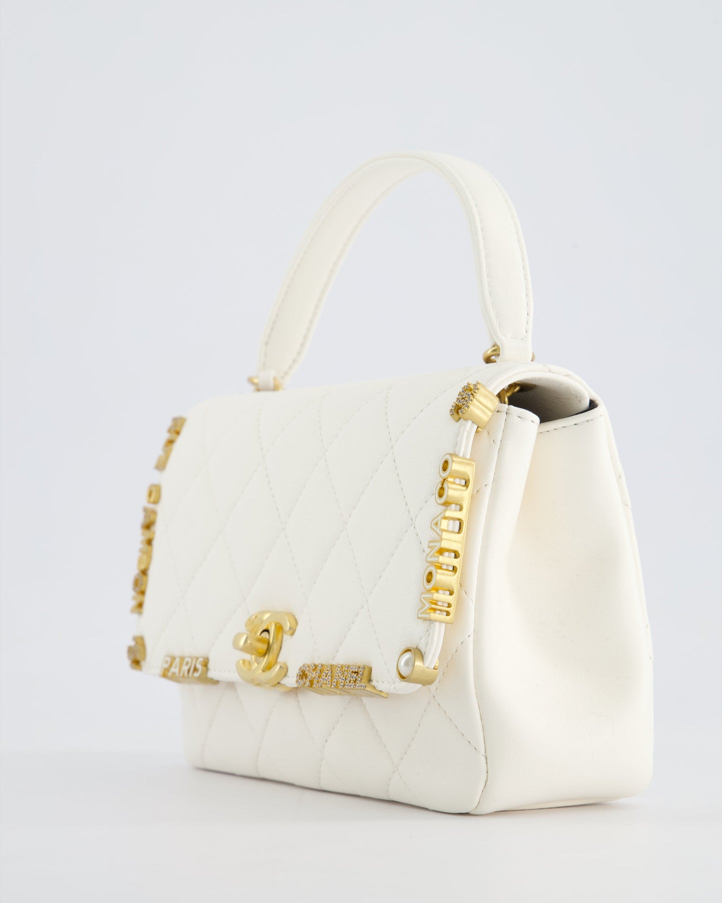 *LIMITED EDITION* Chanel White Paris Monaco Mini Single Flap Bag with Black Interior, Crystal Details and Brushed Gold Hardware