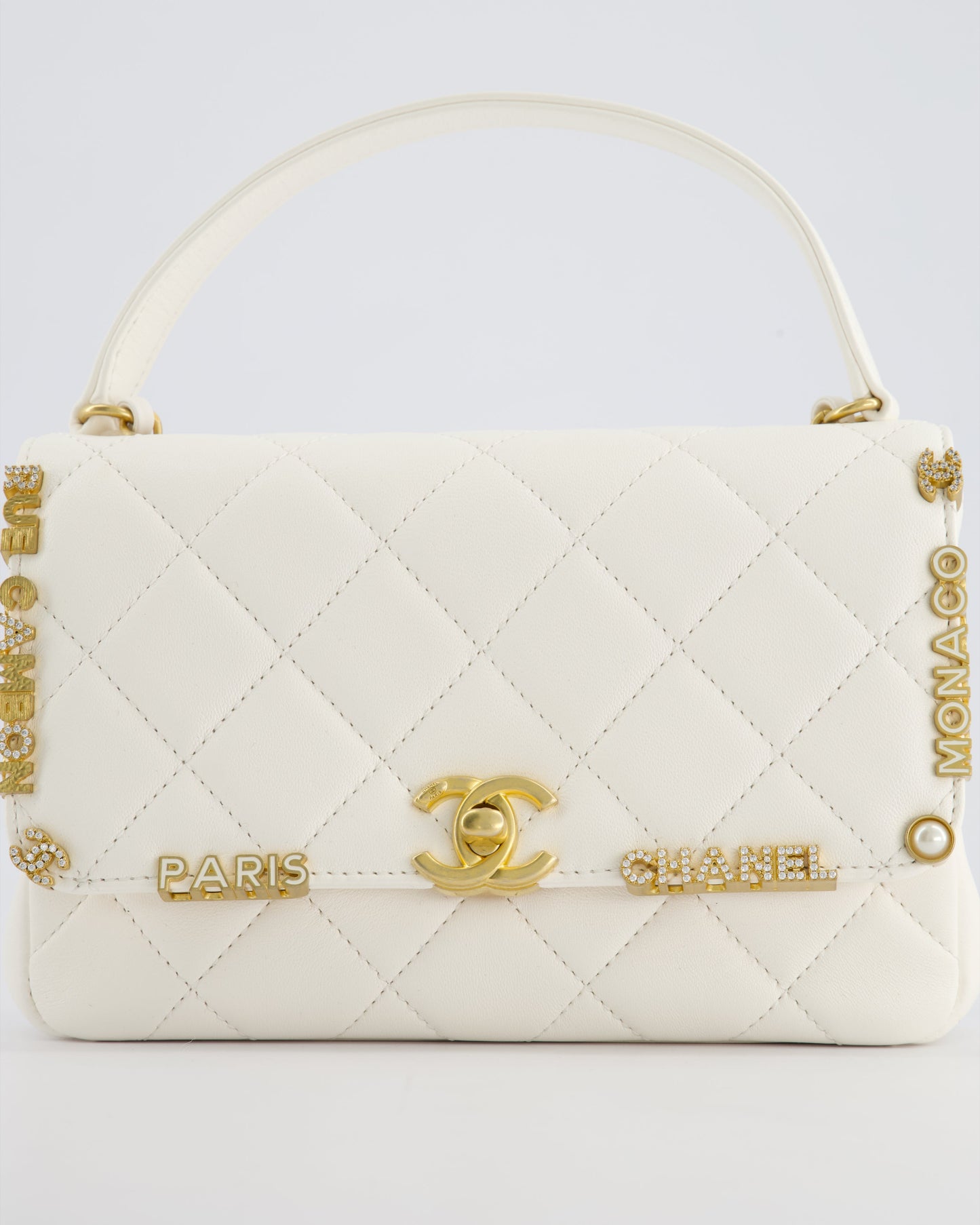 *LIMITED EDITION* Chanel White Paris Monaco Mini Single Flap Bag with Black Interior, Crystal Details and Brushed Gold Hardware