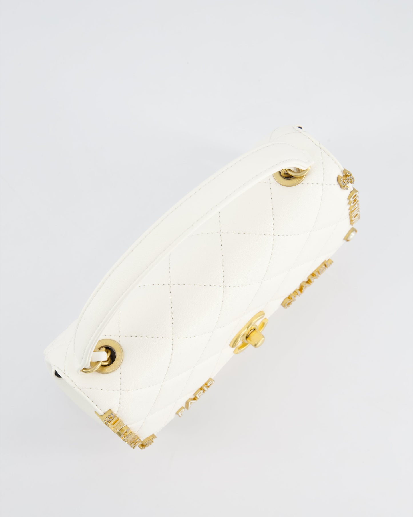 *LIMITED EDITION* Chanel White Paris Monaco Mini Single Flap Bag with Black Interior, Crystal Details and Brushed Gold Hardware
