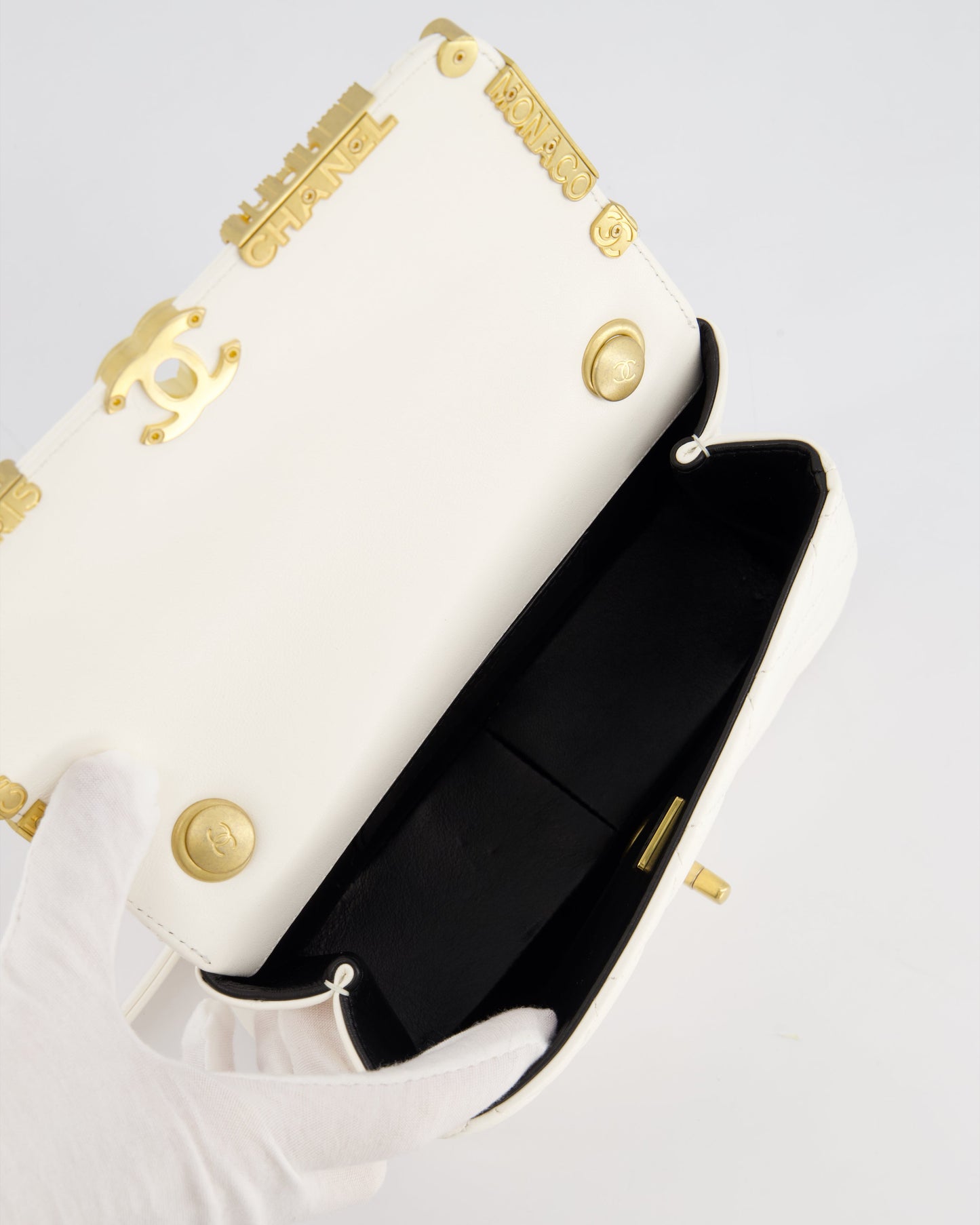 *LIMITED EDITION* Chanel White Paris Monaco Mini Single Flap Bag with Black Interior, Crystal Details and Brushed Gold Hardware