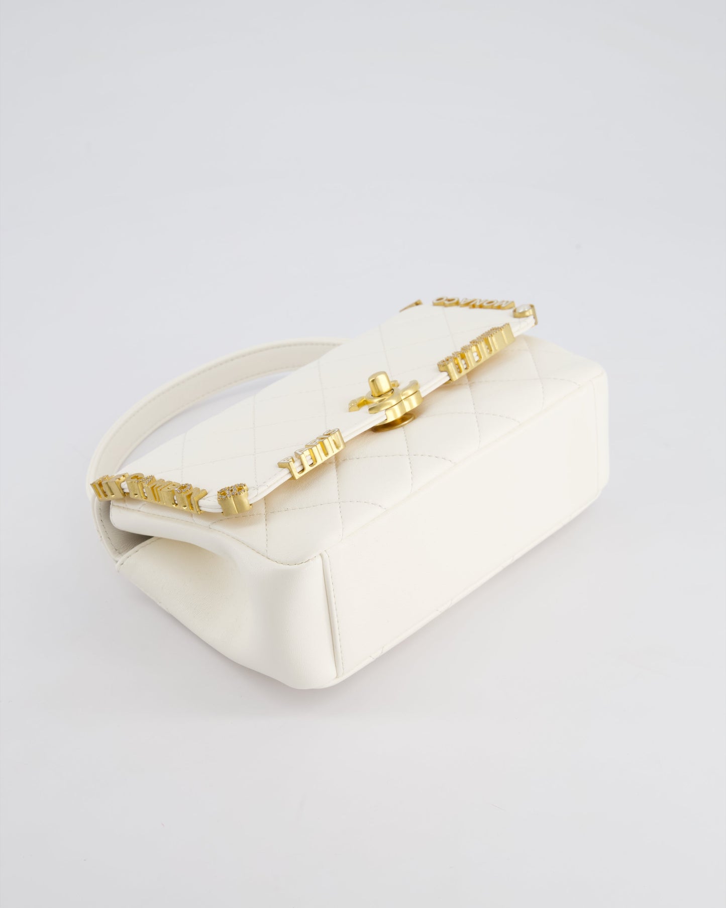 *LIMITED EDITION* Chanel White Paris Monaco Mini Single Flap Bag with Black Interior, Crystal Details and Brushed Gold Hardware