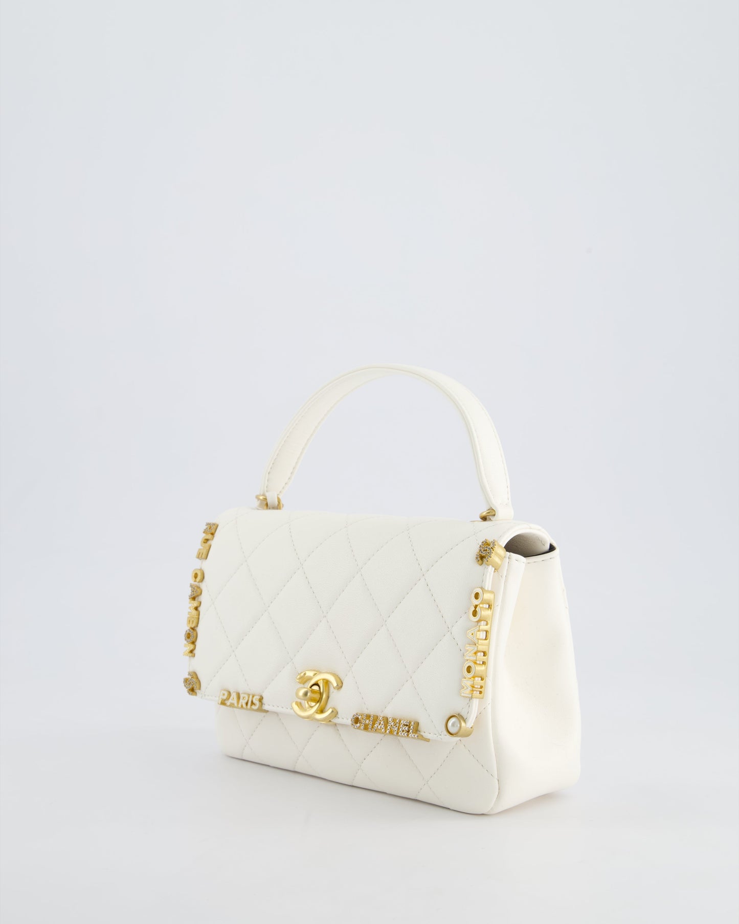 *LIMITED EDITION* Chanel White Paris Monaco Mini Single Flap Bag with Black Interior, Crystal Details and Brushed Gold Hardware