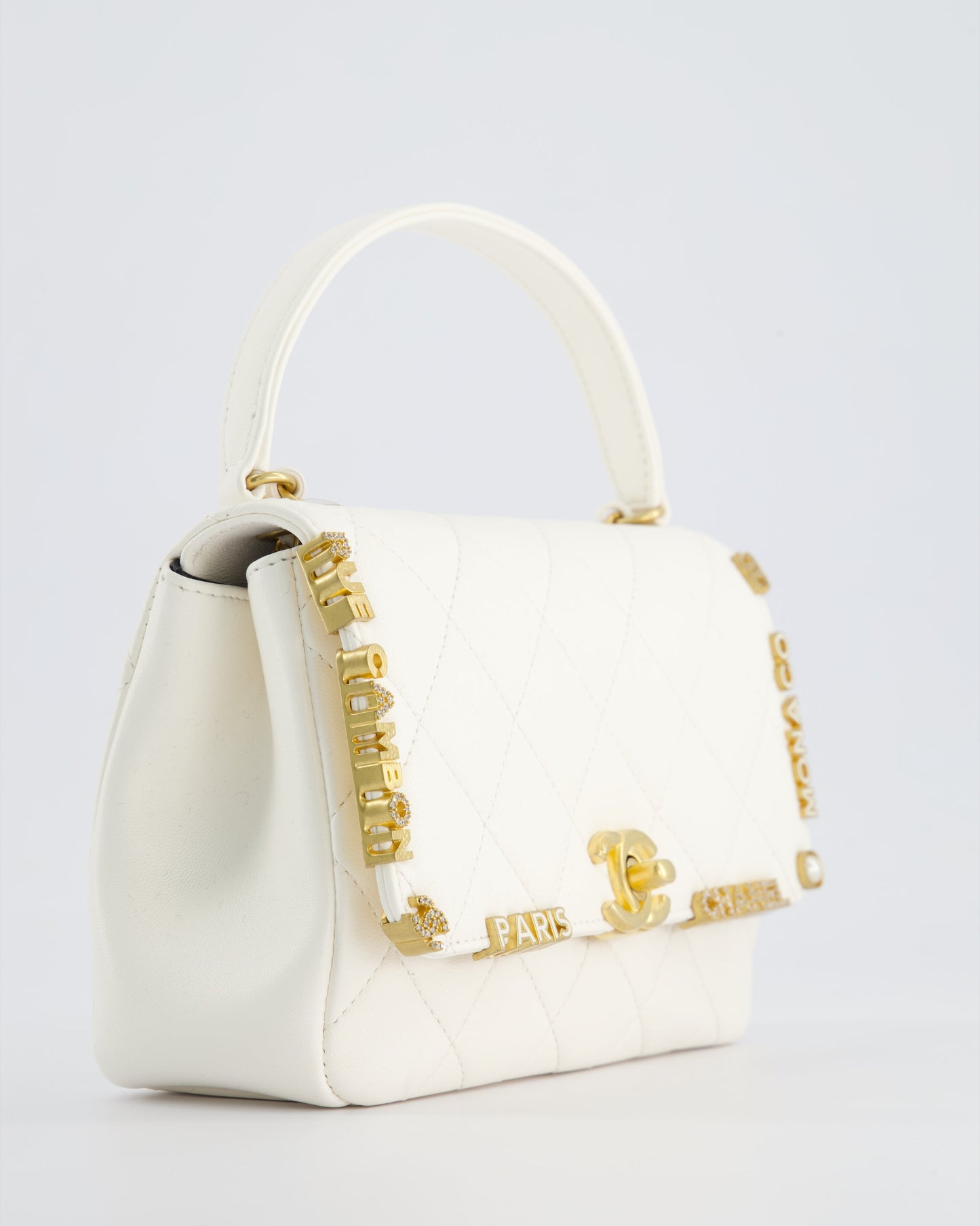 *LIMITED EDITION* Chanel White Paris Monaco Mini Single Flap Bag with Black Interior, Crystal Details and Brushed Gold Hardware
