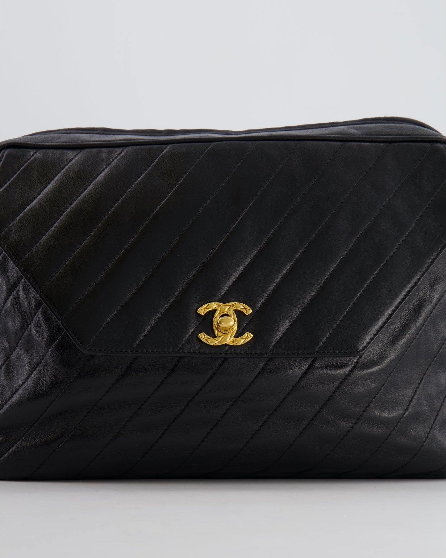 Chanel   Black Large Camera Bag in Lambskin Leather with Front Pocket with 24k Gold Hardware