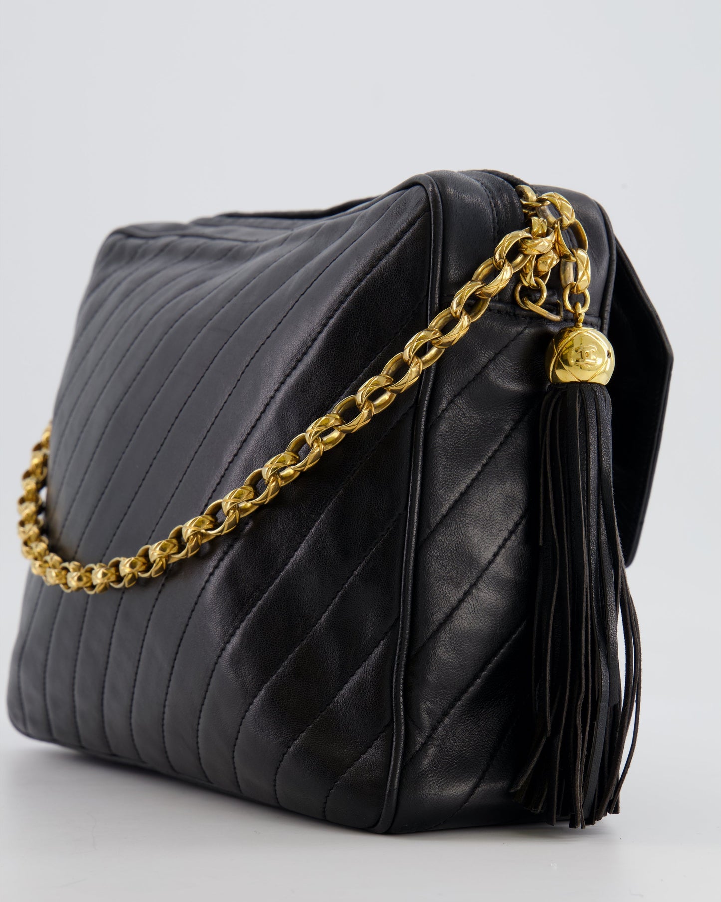 Chanel   Black Large Camera Bag in Lambskin Leather with Front Pocket with 24k Gold Hardware