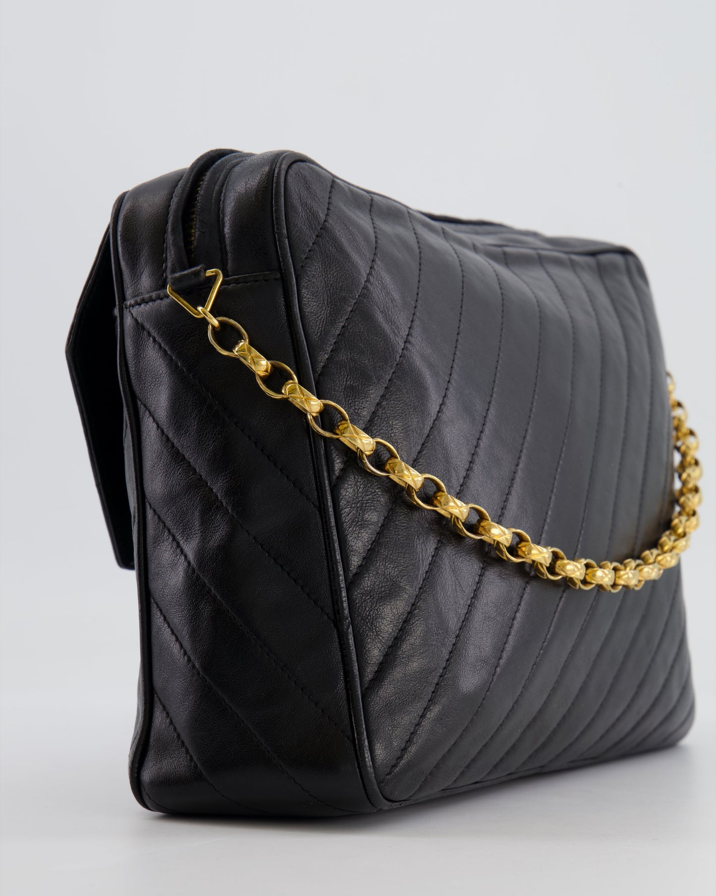 Chanel   Black Large Camera Bag in Lambskin Leather with Front Pocket with 24k Gold Hardware