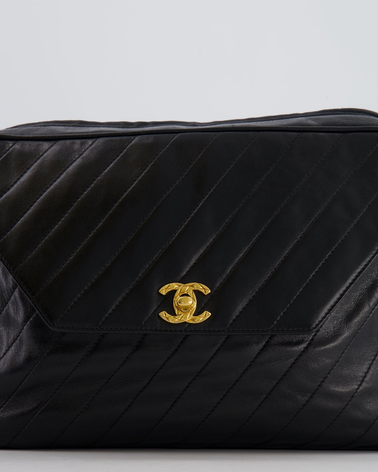 Chanel   Black Large Camera Bag in Lambskin Leather with Front Pocket with 24k Gold Hardware