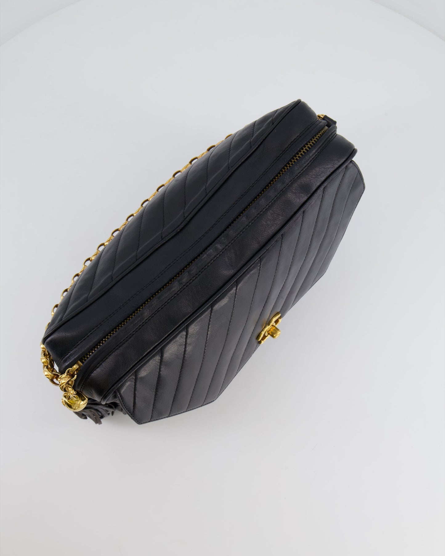 Chanel   Black Large Camera Bag in Lambskin Leather with Front Pocket with 24k Gold Hardware