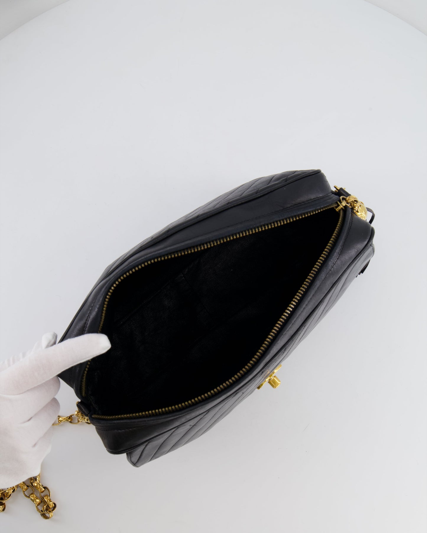 Chanel   Black Large Camera Bag in Lambskin Leather with Front Pocket with 24k Gold Hardware