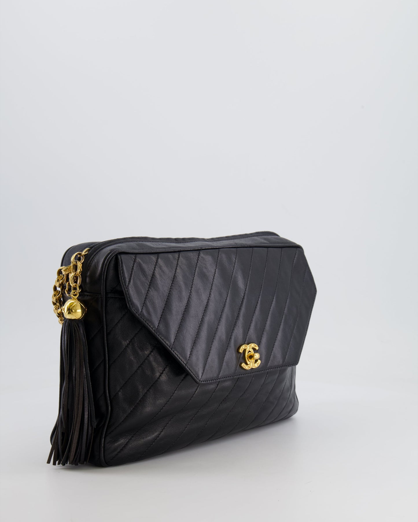 Chanel   Black Large Camera Bag in Lambskin Leather with Front Pocket with 24k Gold Hardware