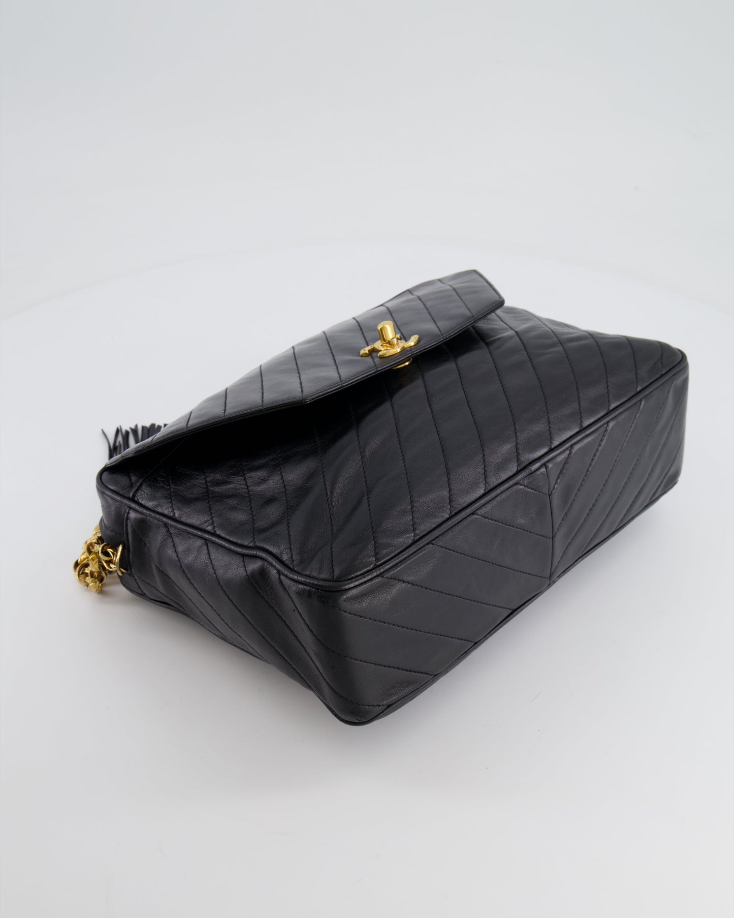 Chanel   Black Large Camera Bag in Lambskin Leather with Front Pocket with 24k Gold Hardware