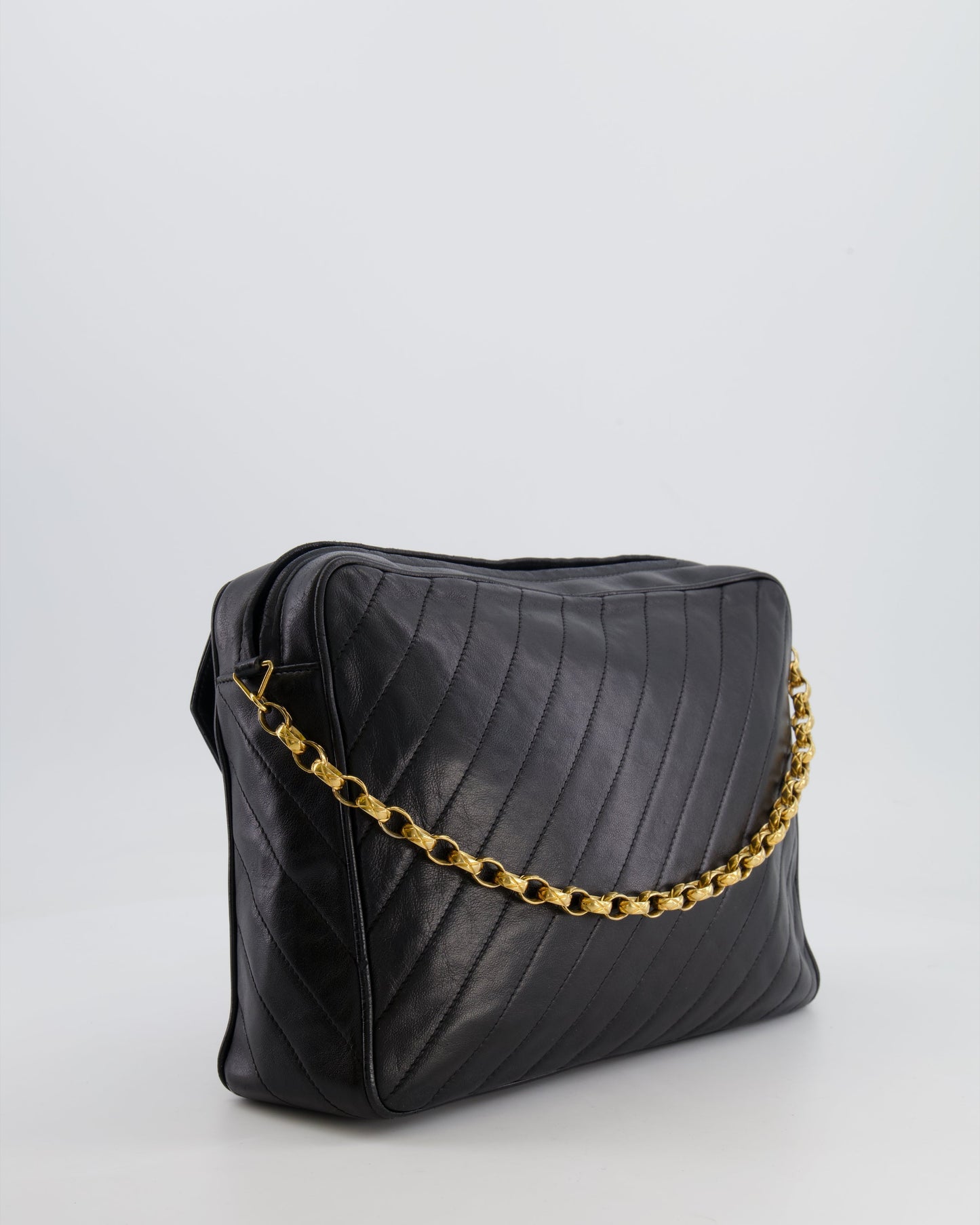 Chanel   Black Large Camera Bag in Lambskin Leather with Front Pocket with 24k Gold Hardware