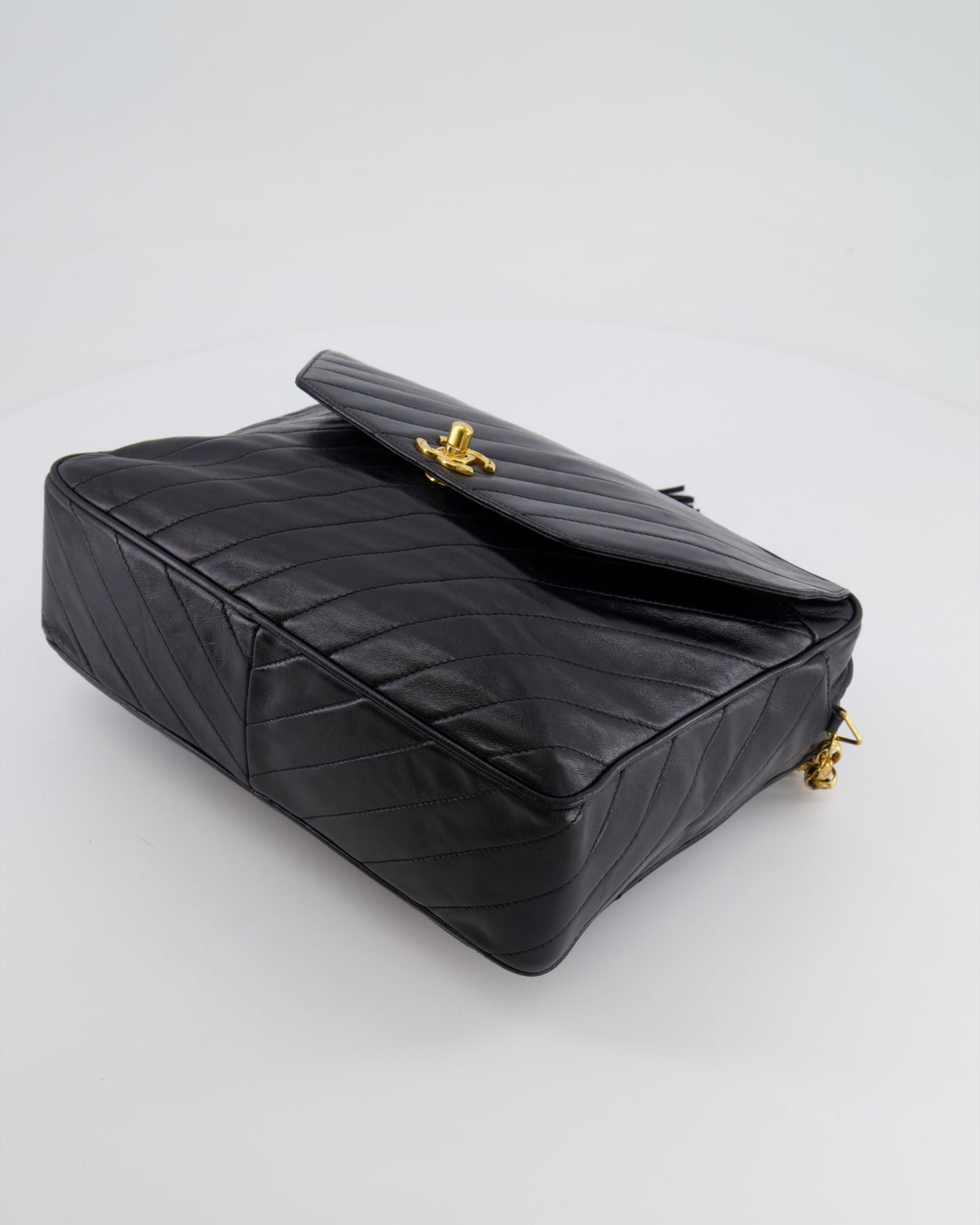 Chanel   Black Large Camera Bag in Lambskin Leather with Front Pocket with 24k Gold Hardware