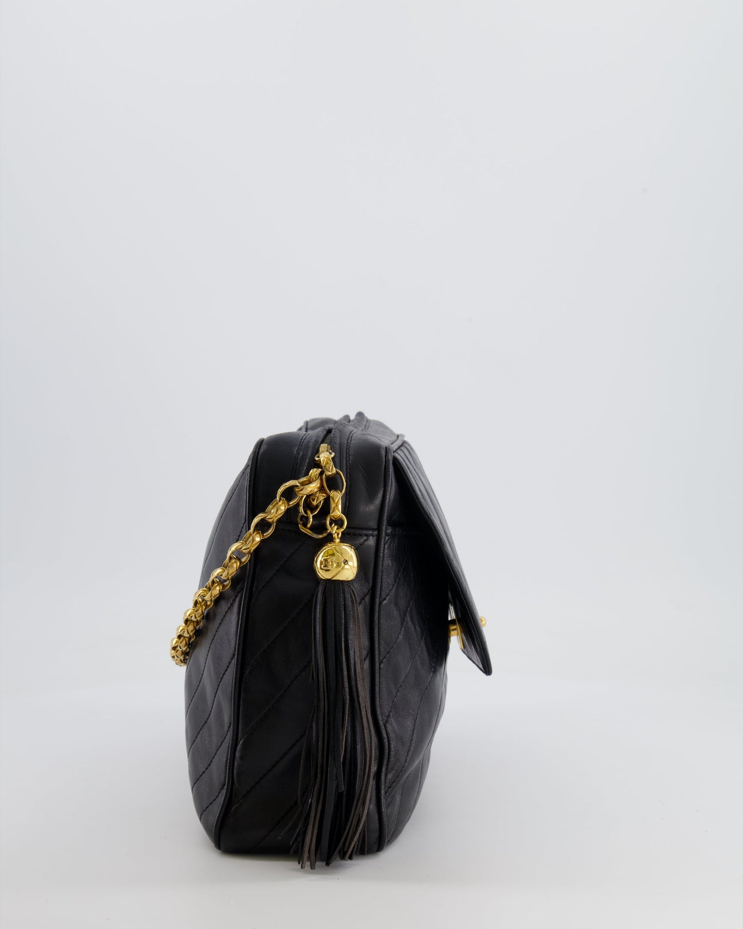 Chanel   Black Large Camera Bag in Lambskin Leather with Front Pocket with 24k Gold Hardware