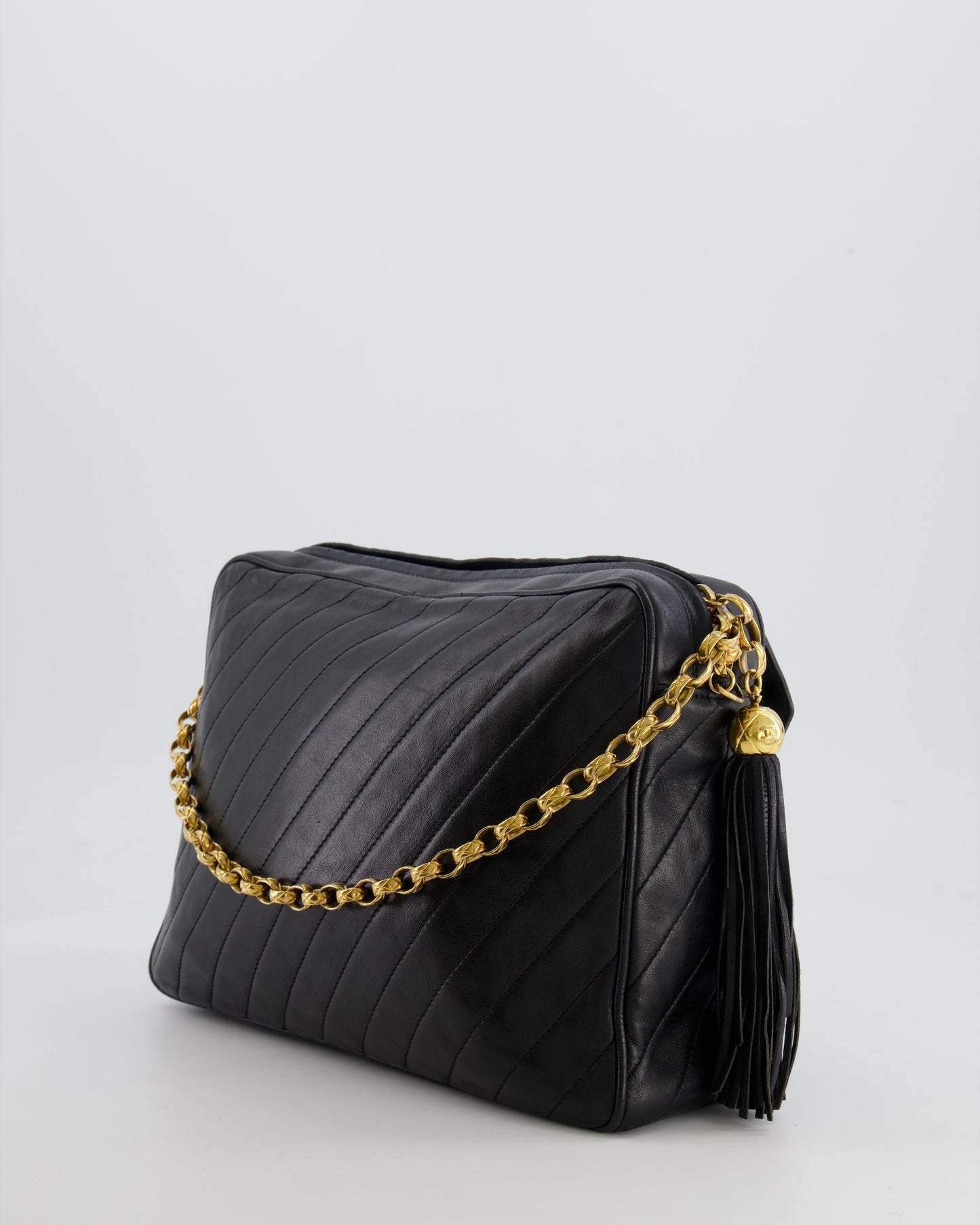 Chanel   Black Large Camera Bag in Lambskin Leather with Front Pocket with 24k Gold Hardware