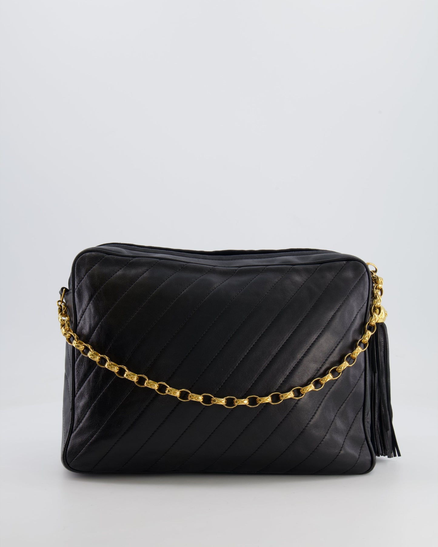 Chanel   Black Large Camera Bag in Lambskin Leather with Front Pocket with 24k Gold Hardware