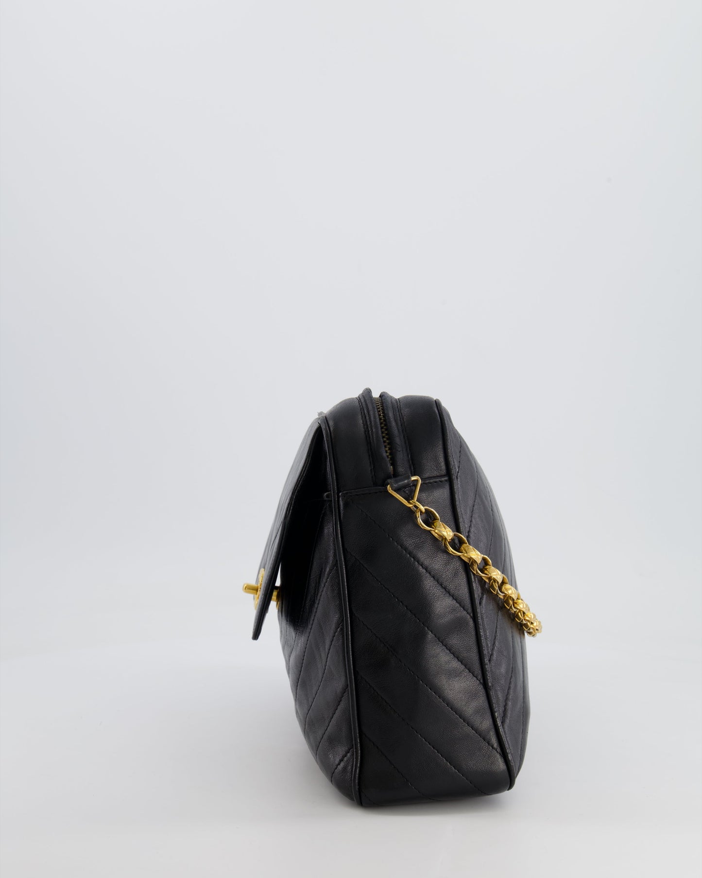 Chanel   Black Large Camera Bag in Lambskin Leather with Front Pocket with 24k Gold Hardware