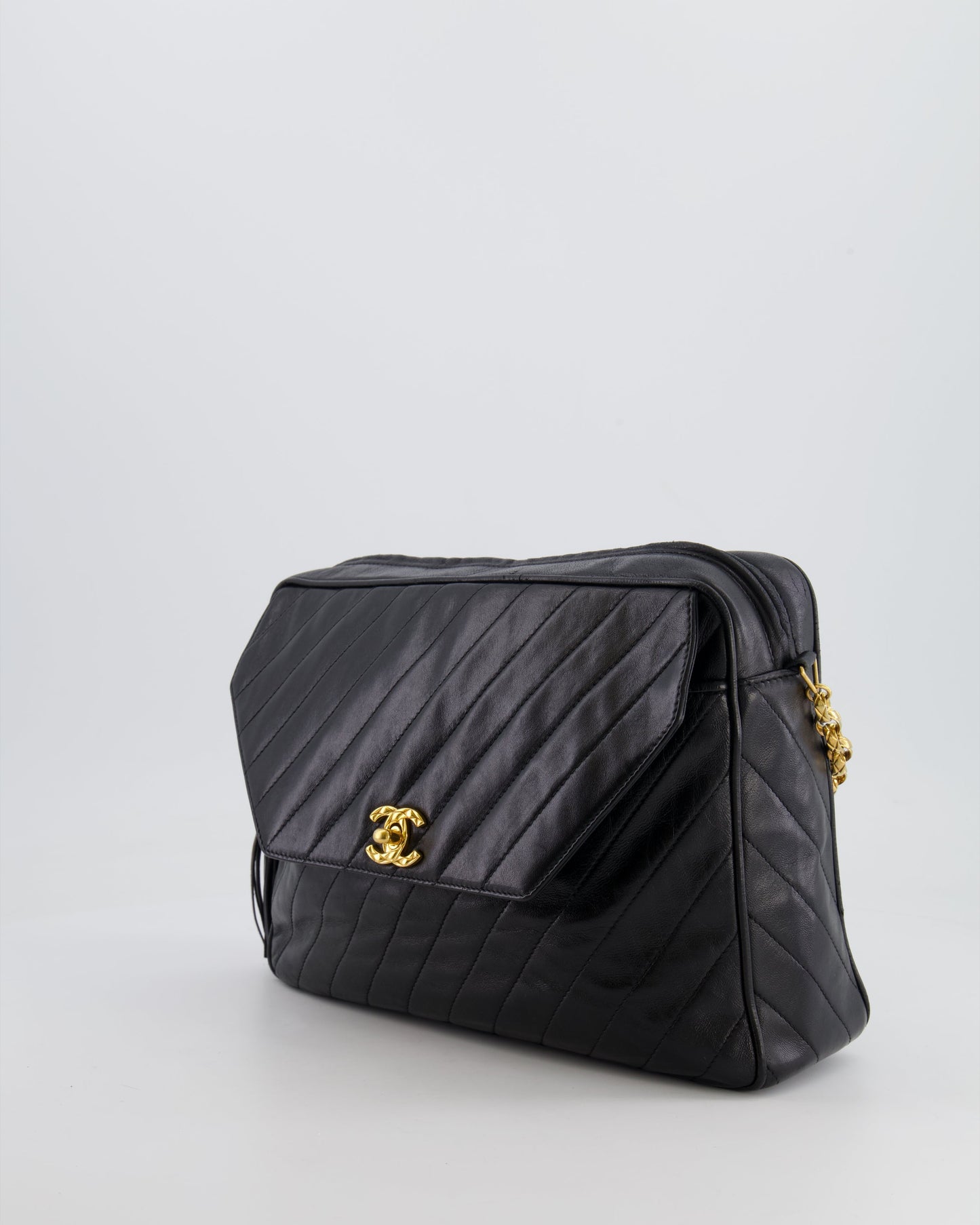 Chanel   Black Large Camera Bag in Lambskin Leather with Front Pocket with 24k Gold Hardware