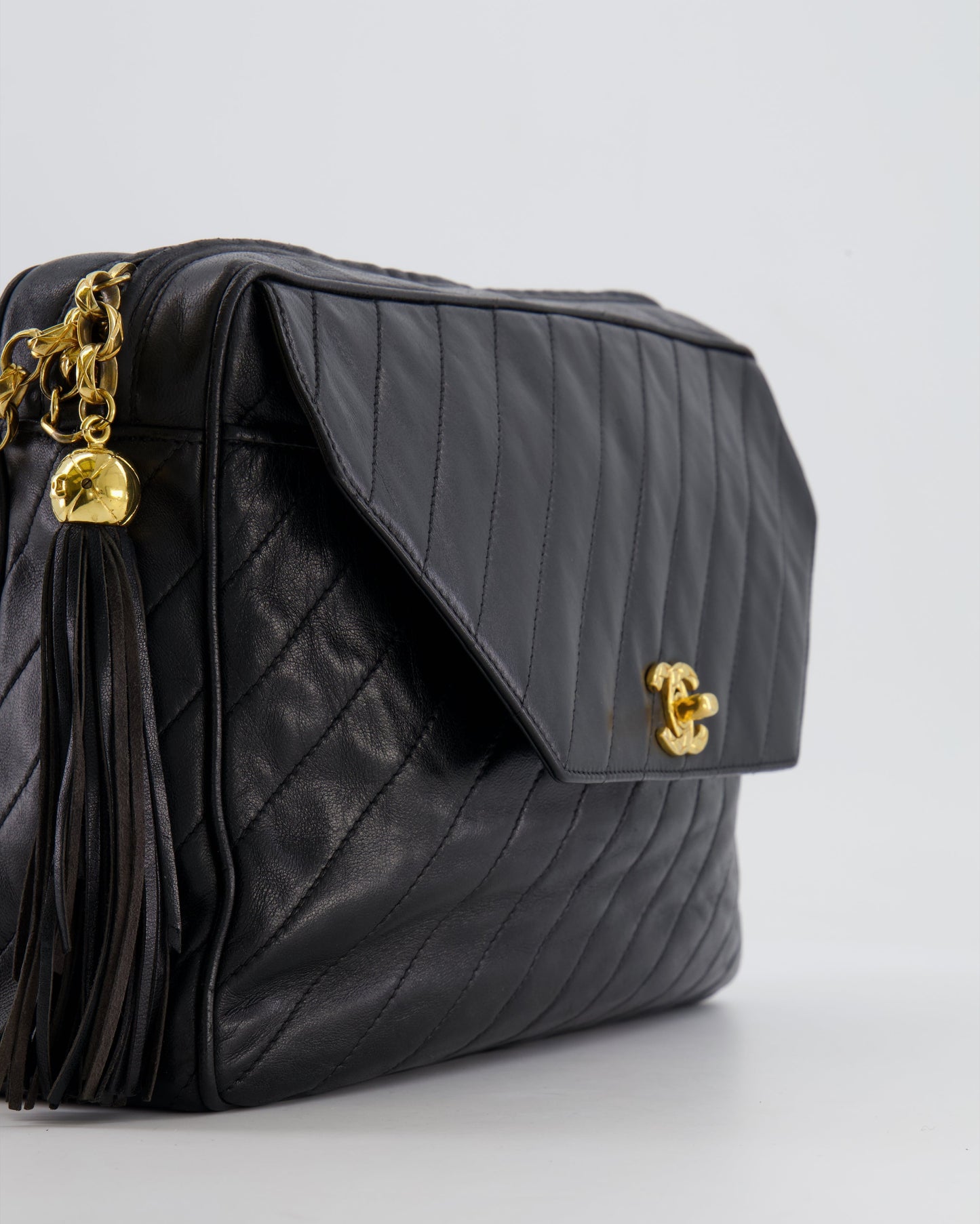 Chanel   Black Large Camera Bag in Lambskin Leather with Front Pocket with 24k Gold Hardware